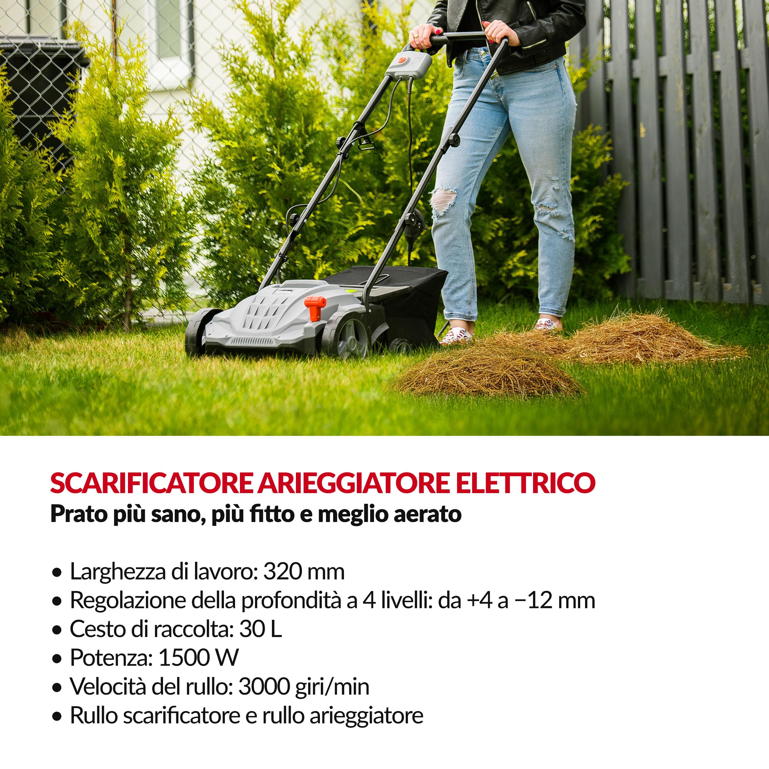LEHMANN Alyssum Scarificatore Arieggiatore Elettrico 2 in 1, 1500 W, Larghezza 32 cm, 3000 giri/min, Cesto 30 L