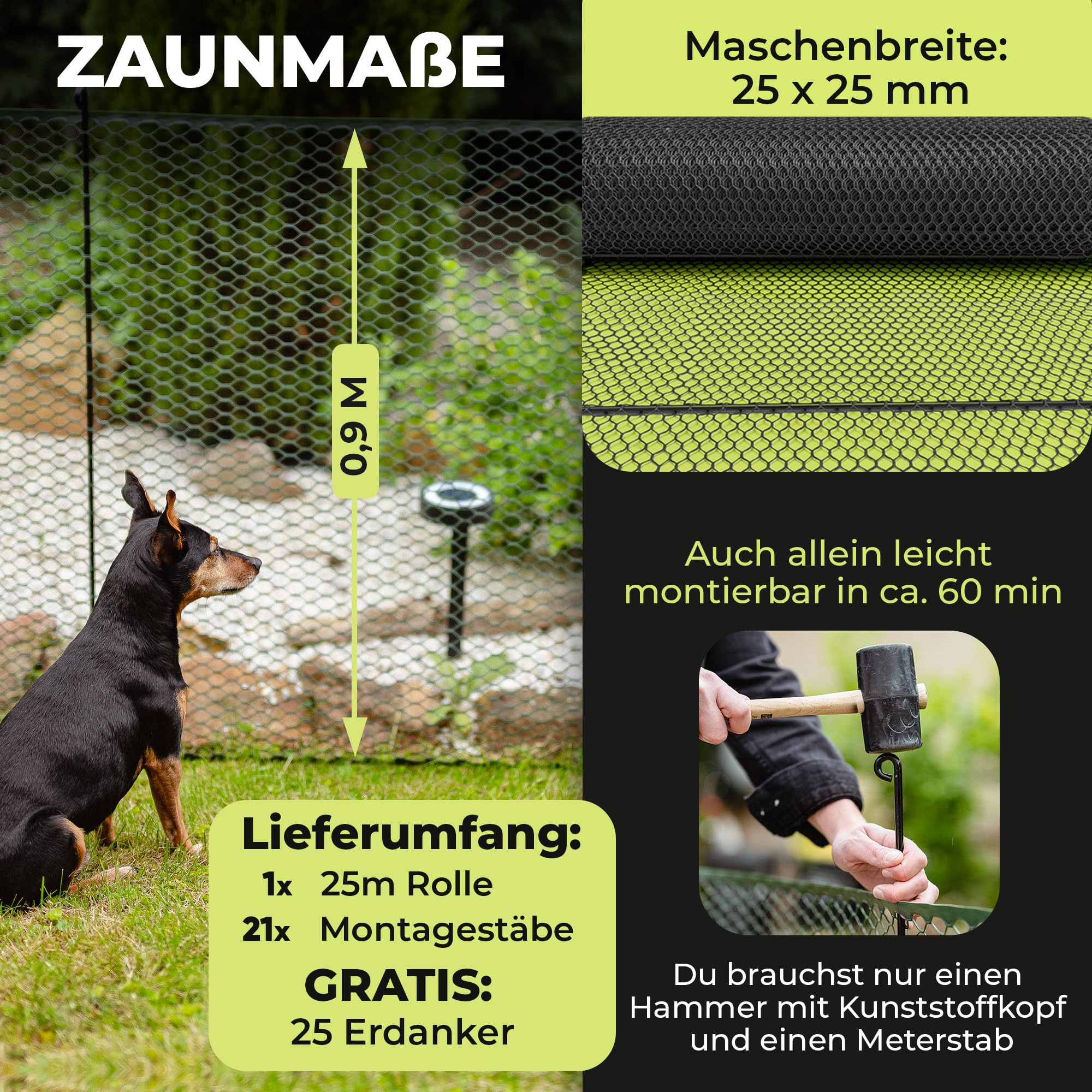 Hundezaun 25m lang 90cm hoch SCHWARZ [TESTSIEGER] inkl. 21x Stäbe & 25x Erdanker | Begrenzungszaun Robust & Mobil | Flexibler Zaun für Hunde | Sorgloser Hundeauslauf im Garten & Camping