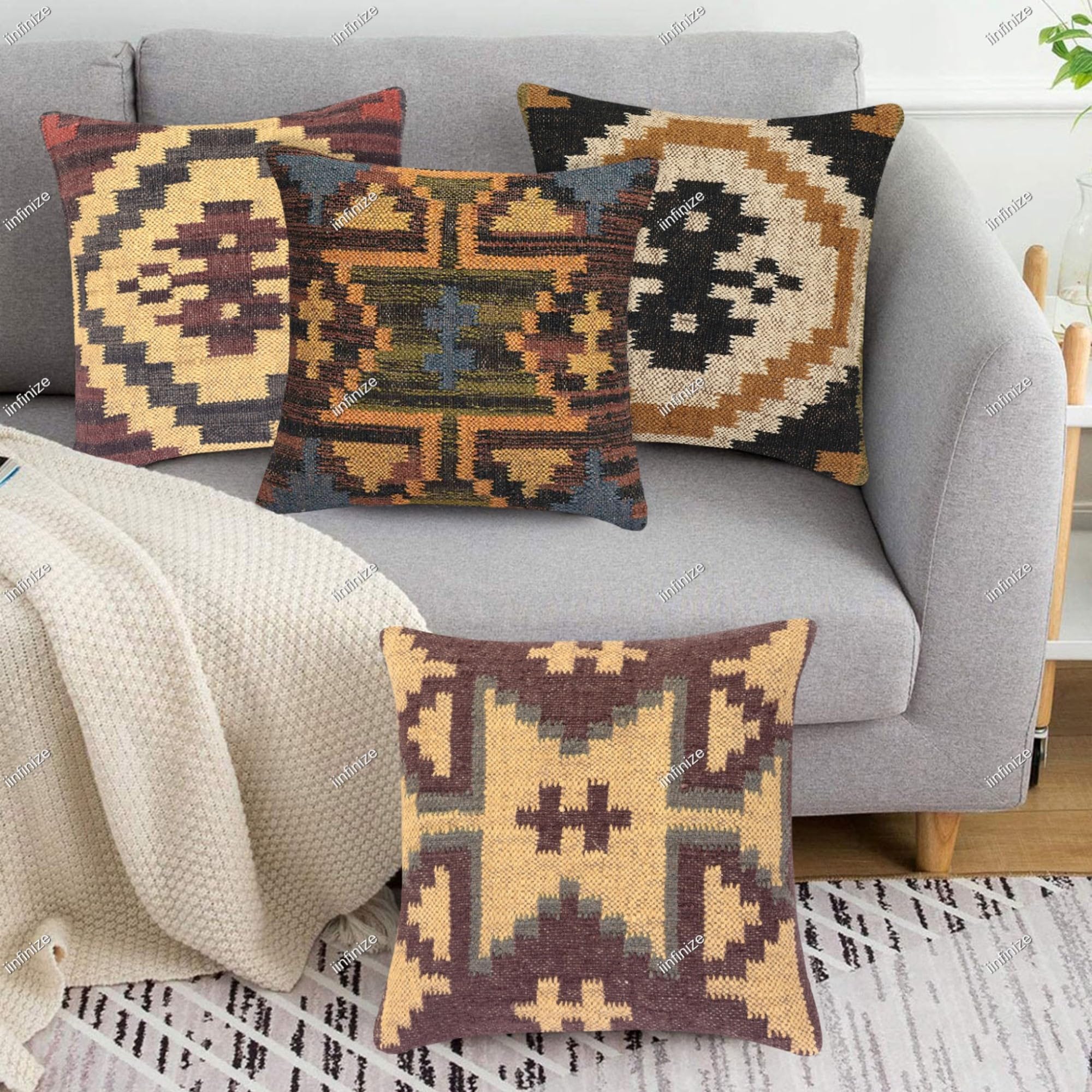 Housses de coussin 45x45 cm en laine et jute géométriques (lot de 4)