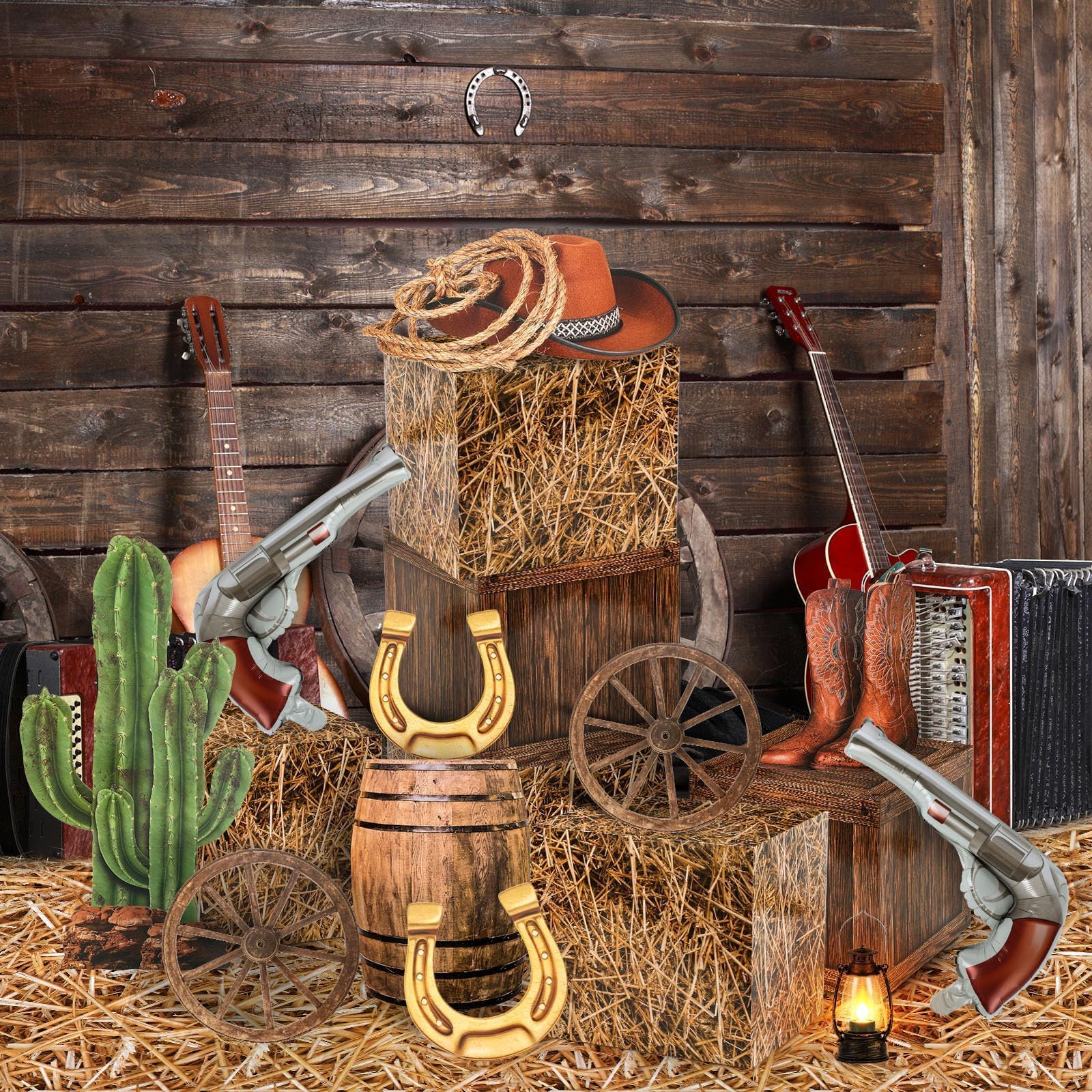 YLOLUL Set di 18 decorazioni per feste con cowboy occidentale, 6 scatole di balle di fieno, 2 ruote in legno, 10 centrotavola da cowboy occidentale, decorazioni per cabina fotografica, cowgirl, feste