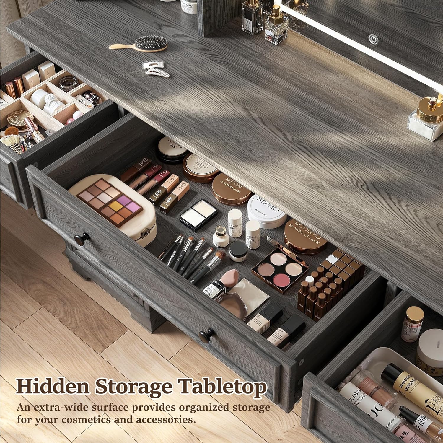 EnHomee Vanity Desk with Mirror and Lights, 43" Black Makeup Vanity Desk with 5 Drawers & 2 RGB Glass Cabinets, Adjustable 3 LED Lights for Bedroom, Farmhouse Dressing Table for Women