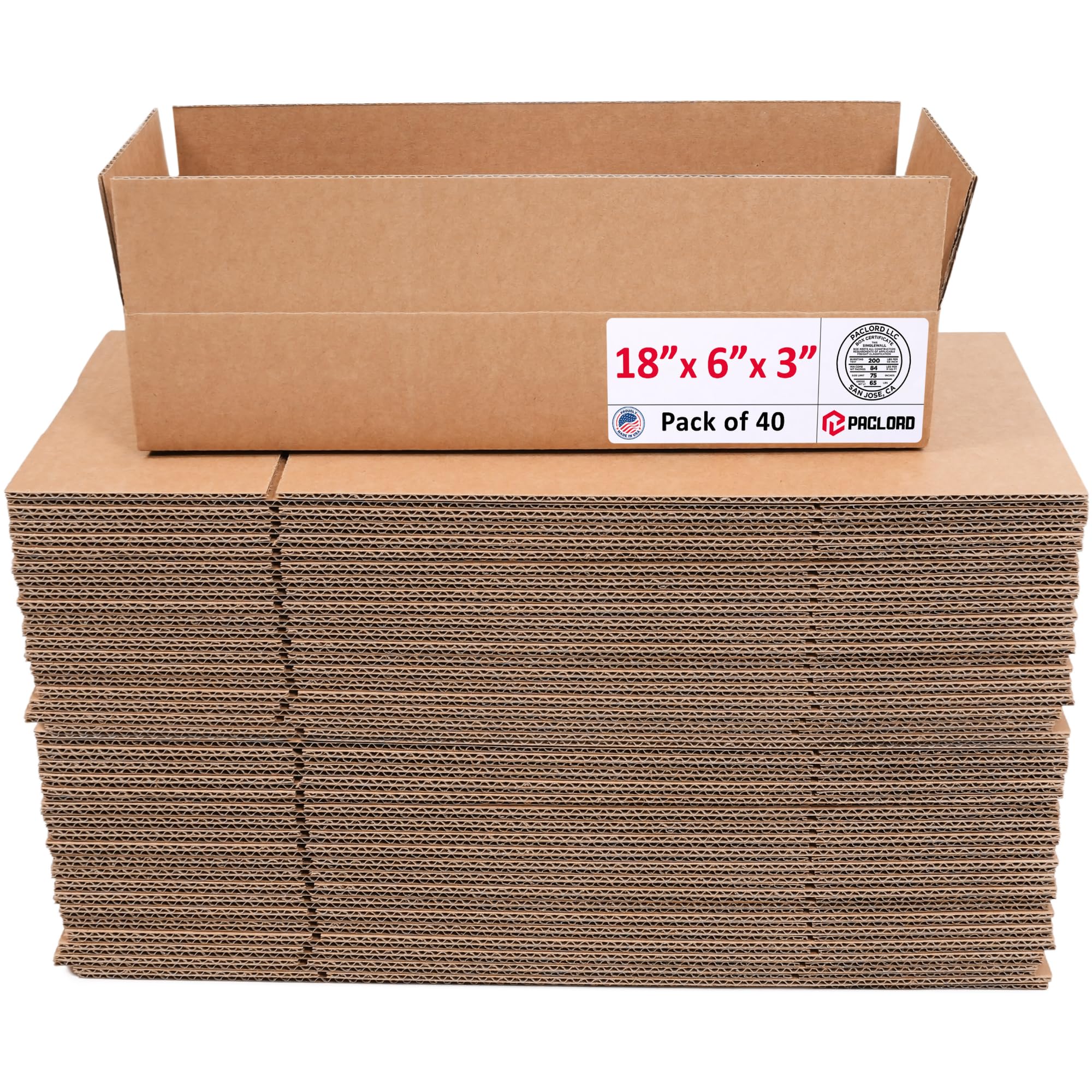 Flat Cardboard Boxes 18"L x 6"W x 3"H (Pack of 40) - USA-Made Packing Boxes for Moving, Shipping, or Storage - USPS, UPS, FedEx Approved - Professional Packing Supplies for Moving | USA-Made Packing Boxes for Moving, Shipping, or Storage - USPS, UPS, FedEx Approved - Professional Packing Supplies