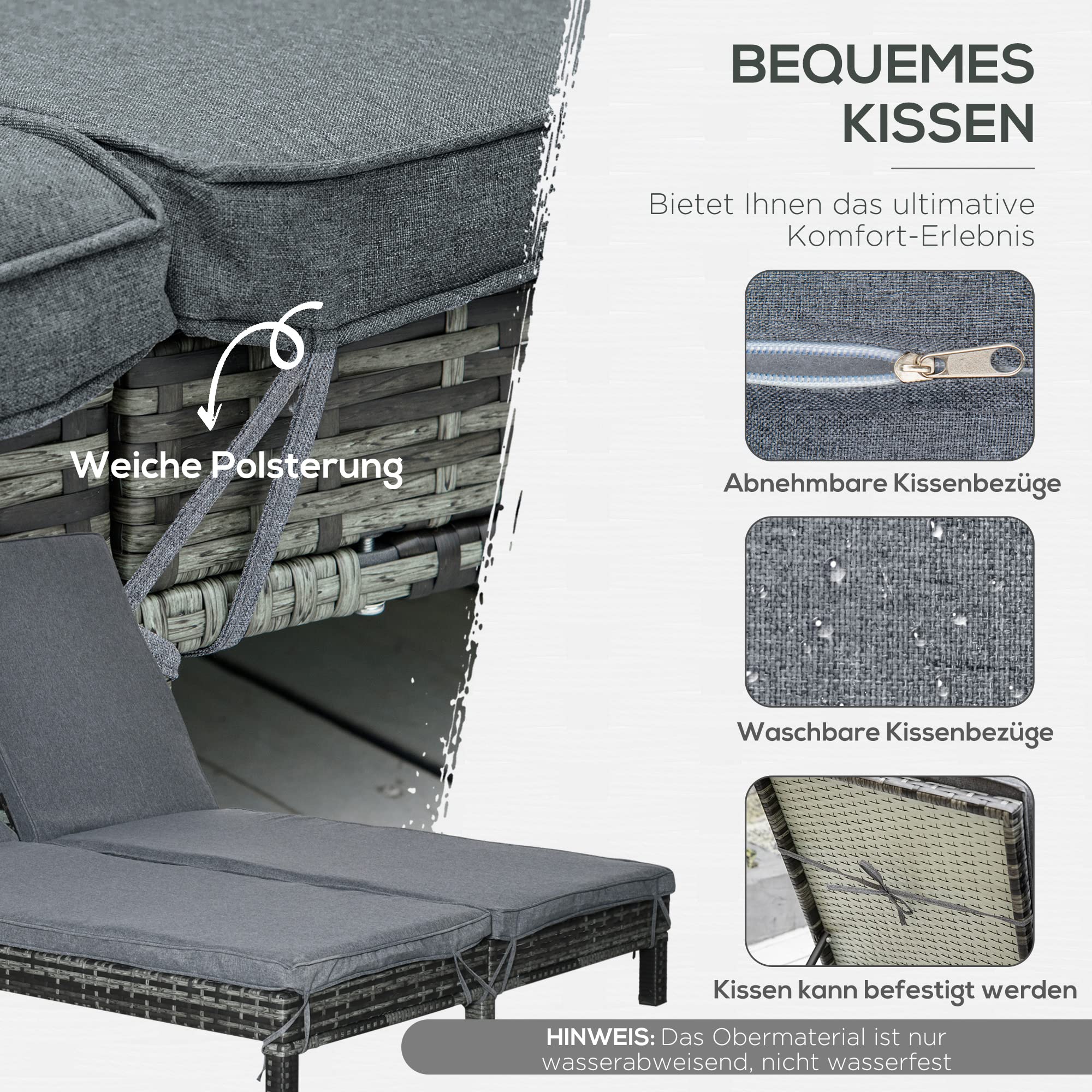 Outsunny Polyrattan Doppelliege Sonnenliege Gartenliege für 2 Personen Relaxliege Luxus Lounge 5-stufige Rückenlehne Metall PE Rattan Grau 196 x 120 x 28 cm