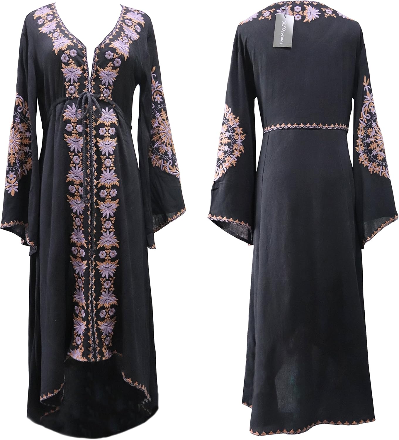 R.Vivimos Womens V Neck Bell Sleeve Vintage Floral Embroidered High Low Long Dresses - Image 4