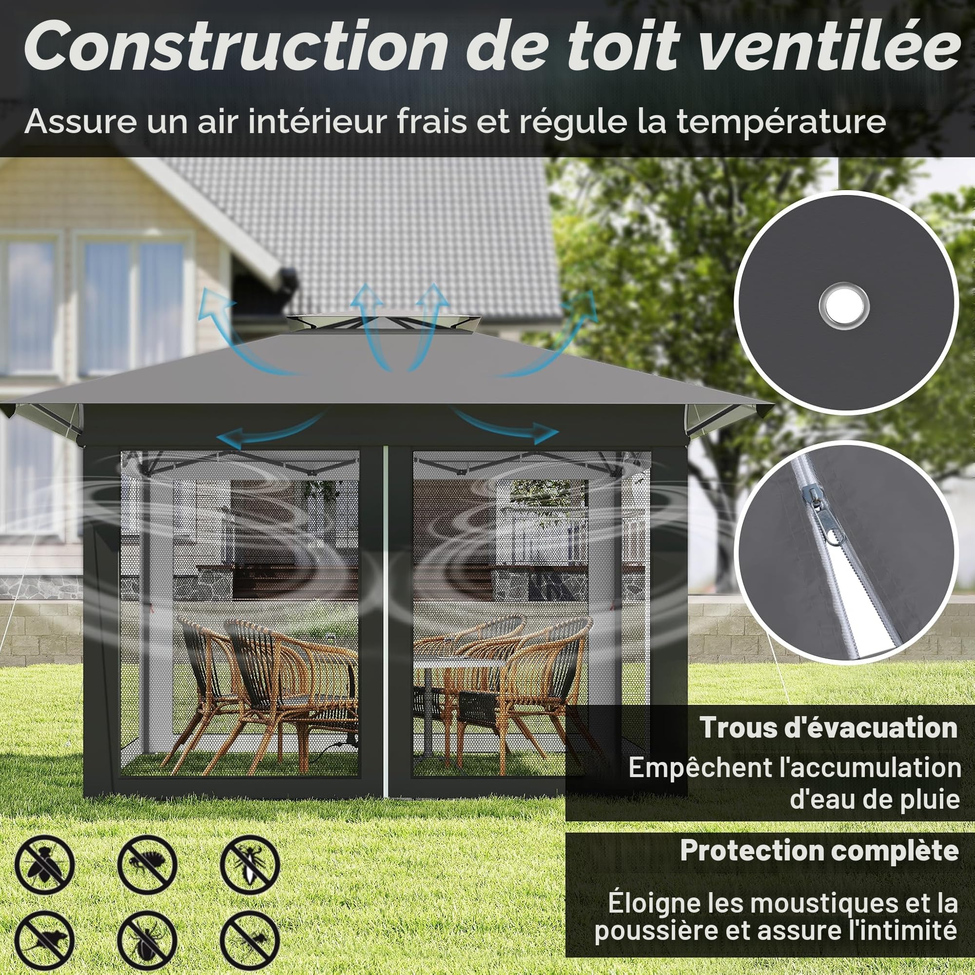 Tonnelle de jardin Pop Up 4 x 4 m, imperméable, protection UV, stable, pliable, en 3 niveaux, hauteur réglable, avec 4 panneaux latéraux moustiquaires, double toit, avec sac de transport, anthracite