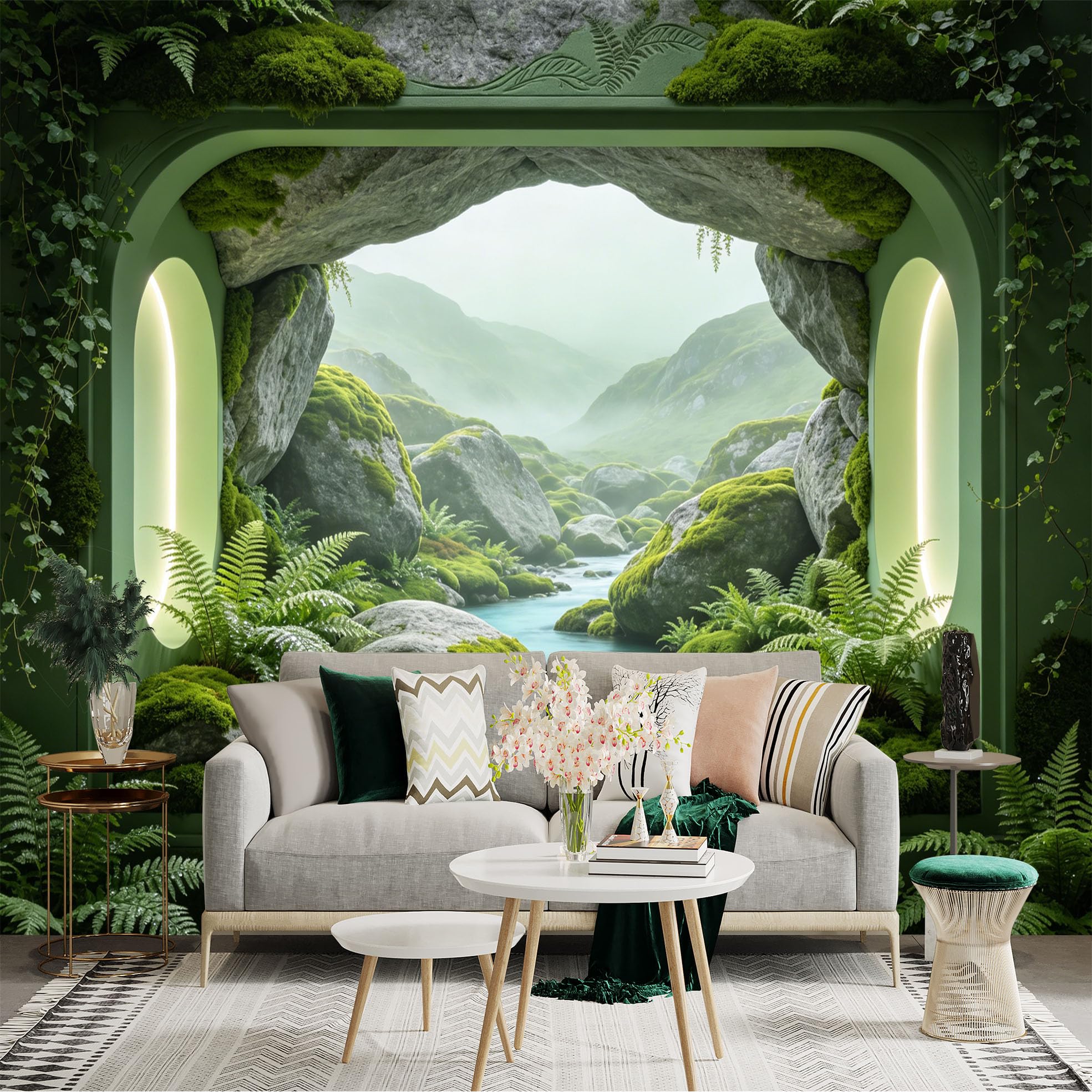 Custom Size Wall Sticker Mural， Mossy Rock Stream with Ferns and Green Mountain Landscape， for wall Decoration， peelandstick wall Decals.