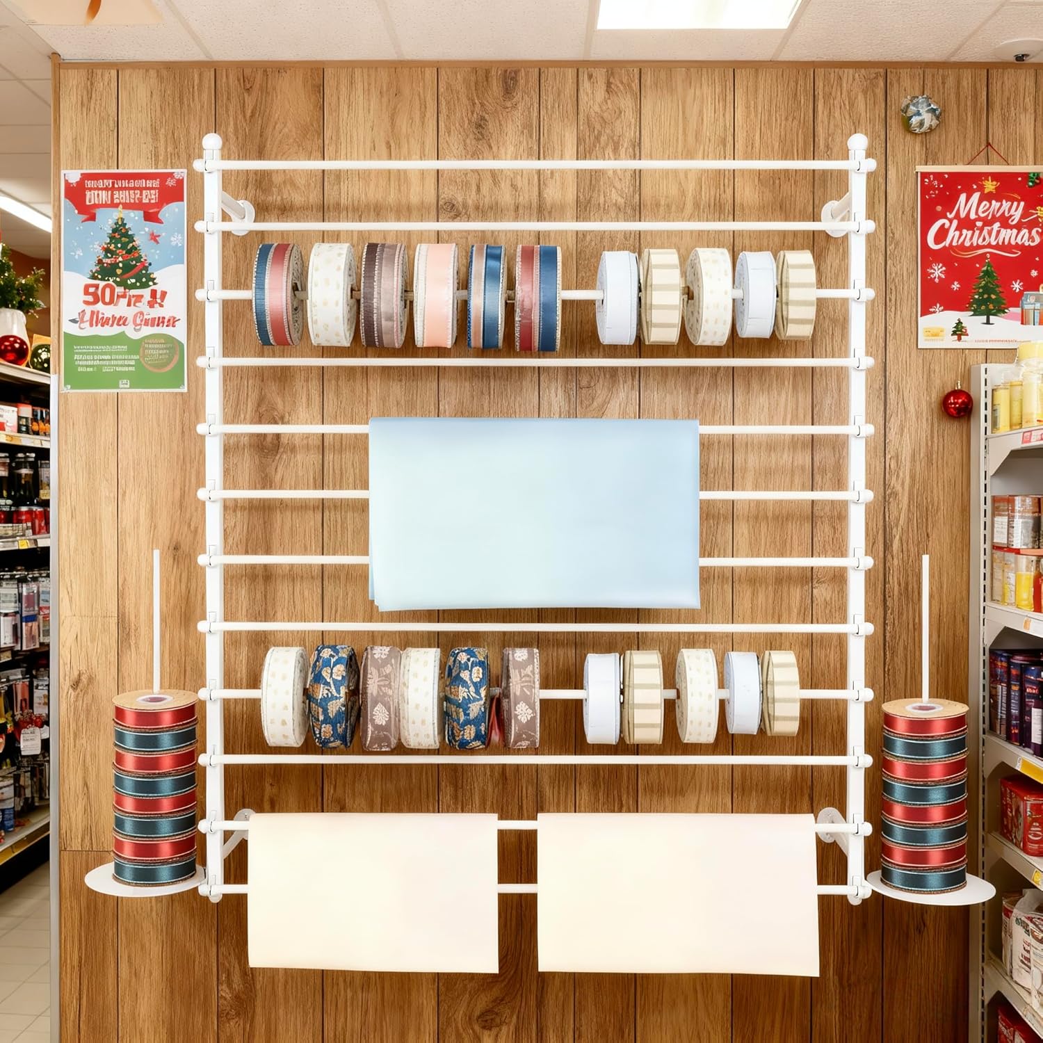 12 Layers White Wall Display Stand Wrapping Paper Ribbon Organizer Holder Storage Scarf Tie Belt Towel Spool Sewing Tool Hijab Metal Shelving for Home, Retail Stores, Flower Shop, Studio-120cm