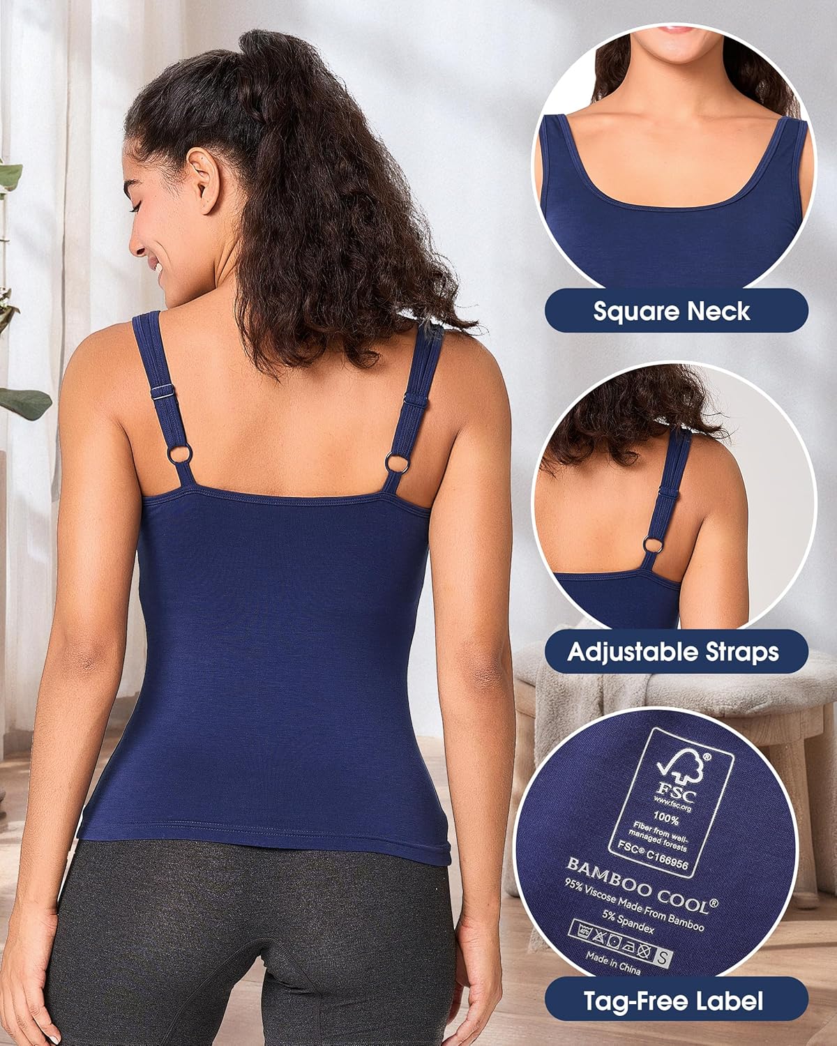 BAMBOO COOL Shelf-Bra Lingerie Camisole for Women Basic Tank with Adjustable Strap Soft Undershirt - Image 5