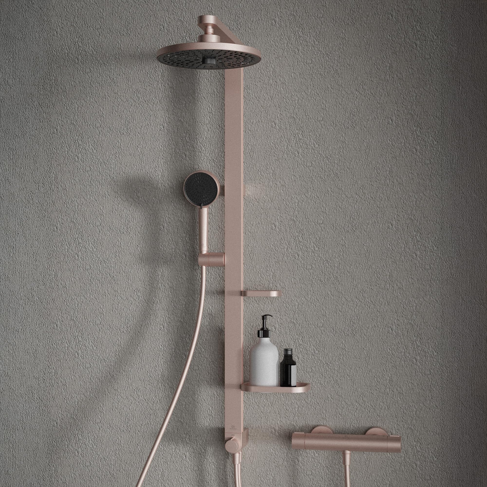 Ideal Standard Ceratwist Alu+ Colonna doccia, Realizzata con l'100% di alluminio riciclato, doccia a risparmio idrico con tipi di getto variabili – Rosé (338x501x1104 mm)