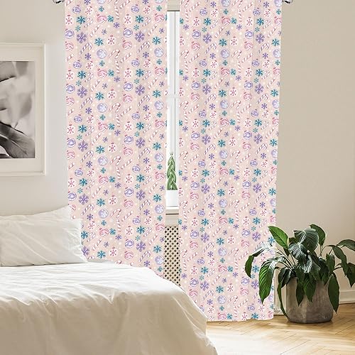 Miniatura 4 de Ambesonne Cortinas navideñas para ventana, Navidad en tonos pastel, tema delicado con ilustraciones de dulces y globos, decoración ligera, juego de