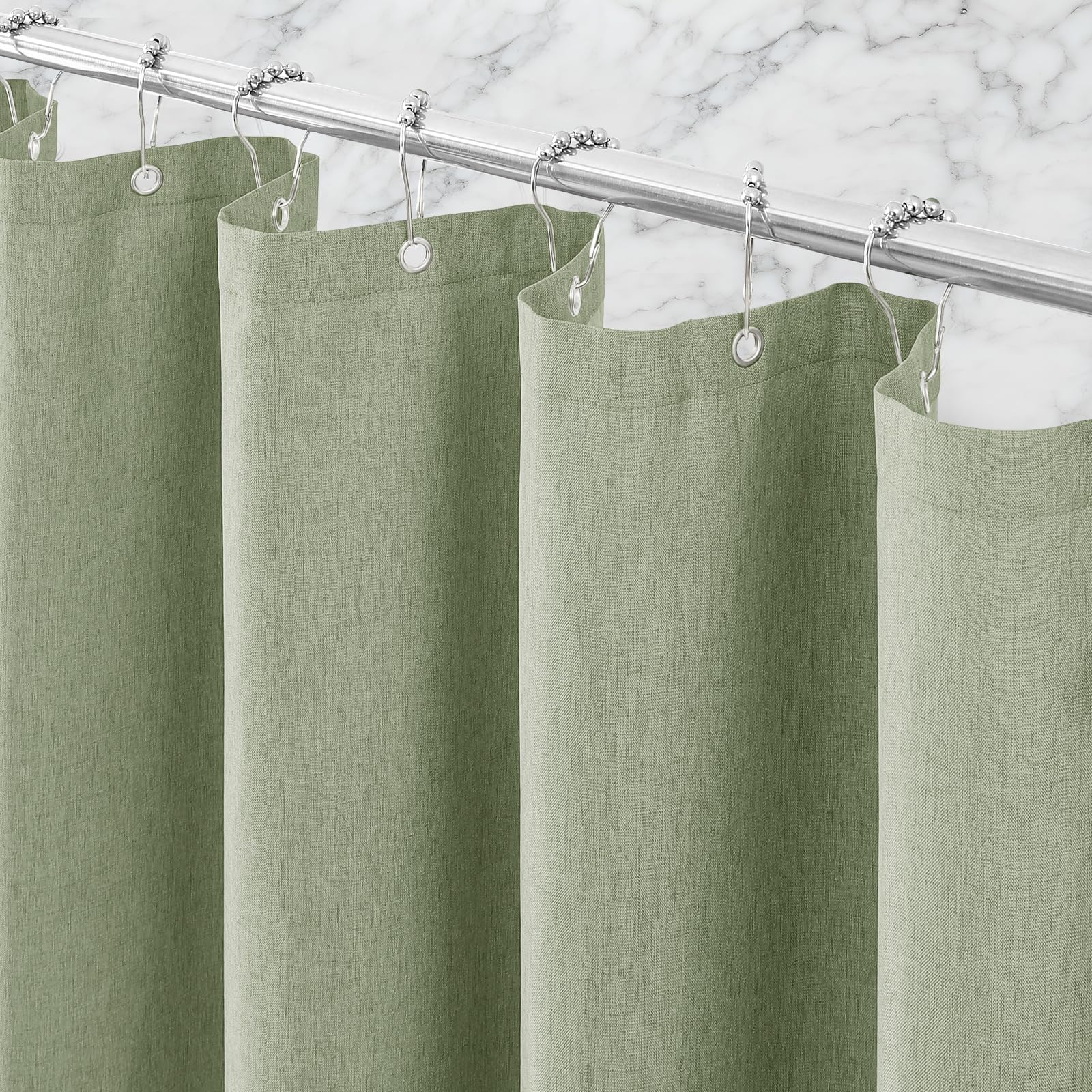 Zemyovia Linen-Like Shower Curtain, Waterproof Premium 250GSM Heavyweight Fabric, 180 x 180, with 12 Stainless Steel Hooks, Luxury Hotel Spa Bathroom Decor, Machine Washable, Weighted Hem, Sage Green