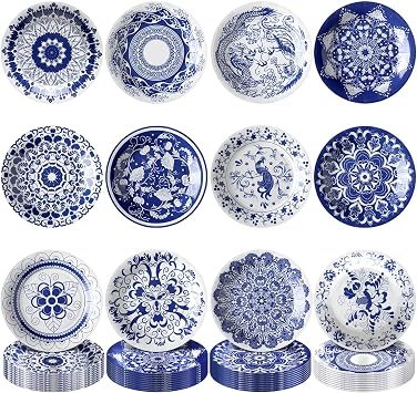 Nitial Blue Floral 9" Disposable Paper Plates for Party, 120 Pcs,Round