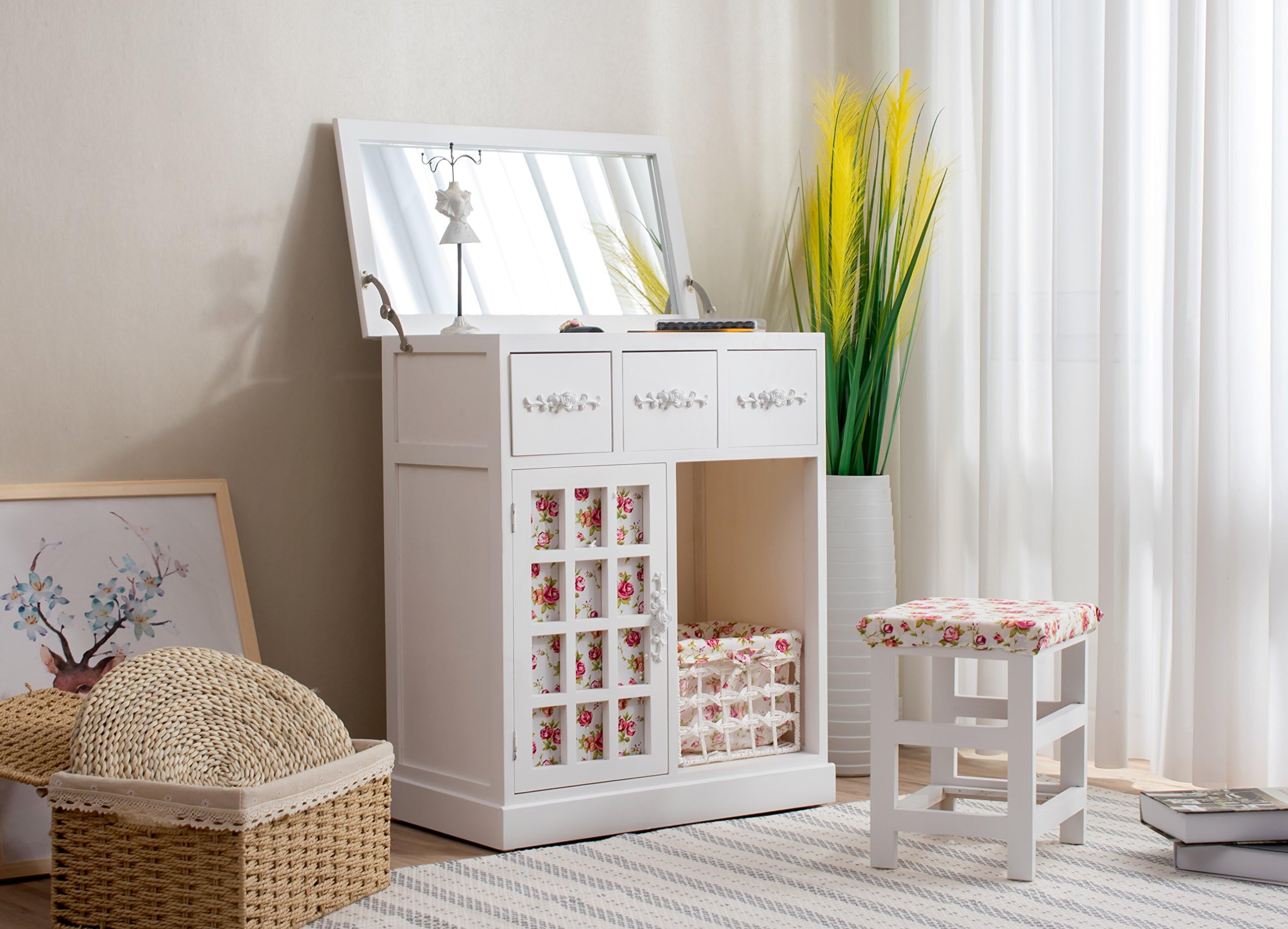 Cherry Tree Furniture 3-Drawer Shabby Chic Dressing Table Set Dresser with Folding Mirror & Floral Stool
