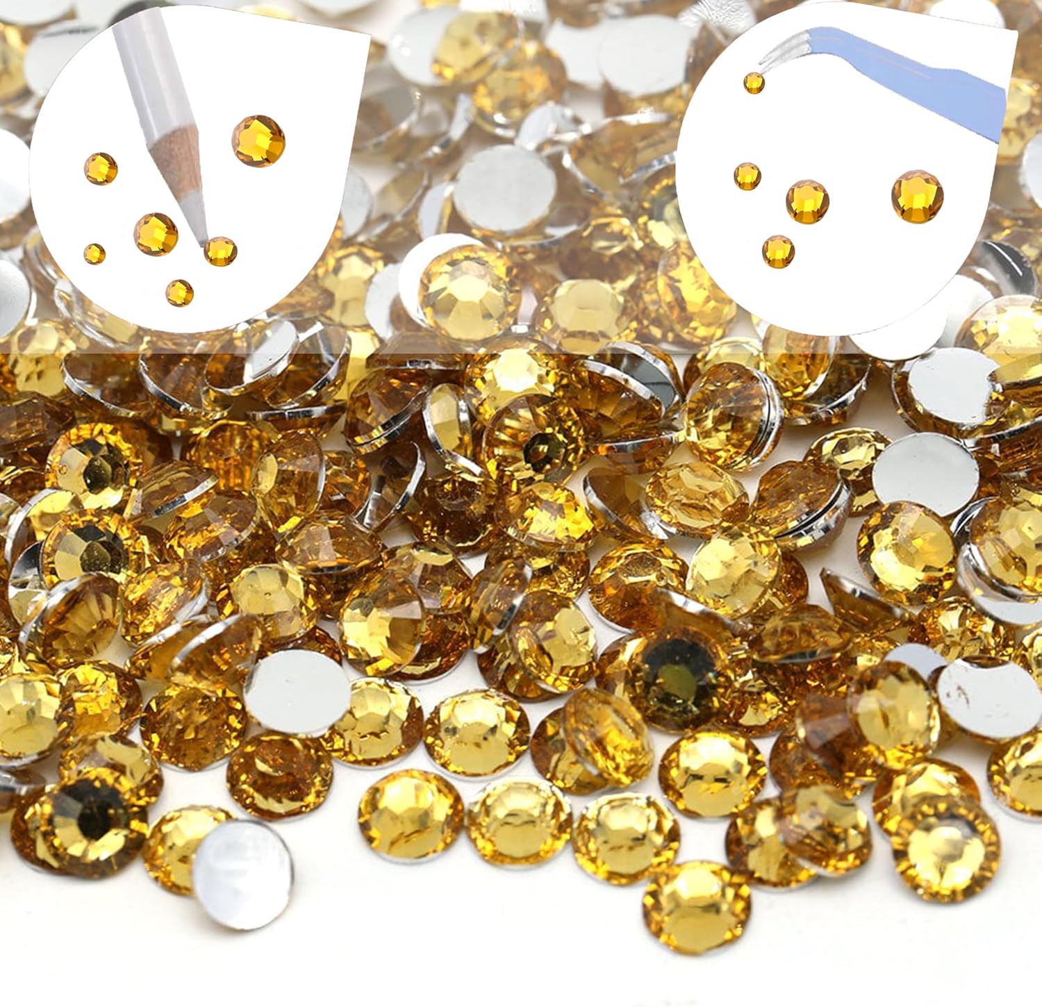 16000 Pieces Gold Yellow Non Hotfix Flat Back Gems Round Resin Rhinestones Kit 4 Mixed Sizes（3-6mm） with Picking Pen and Tweezer for Nails Crafts Makeup Eyes DIY Christmas Gift Clothes Phone Bottles