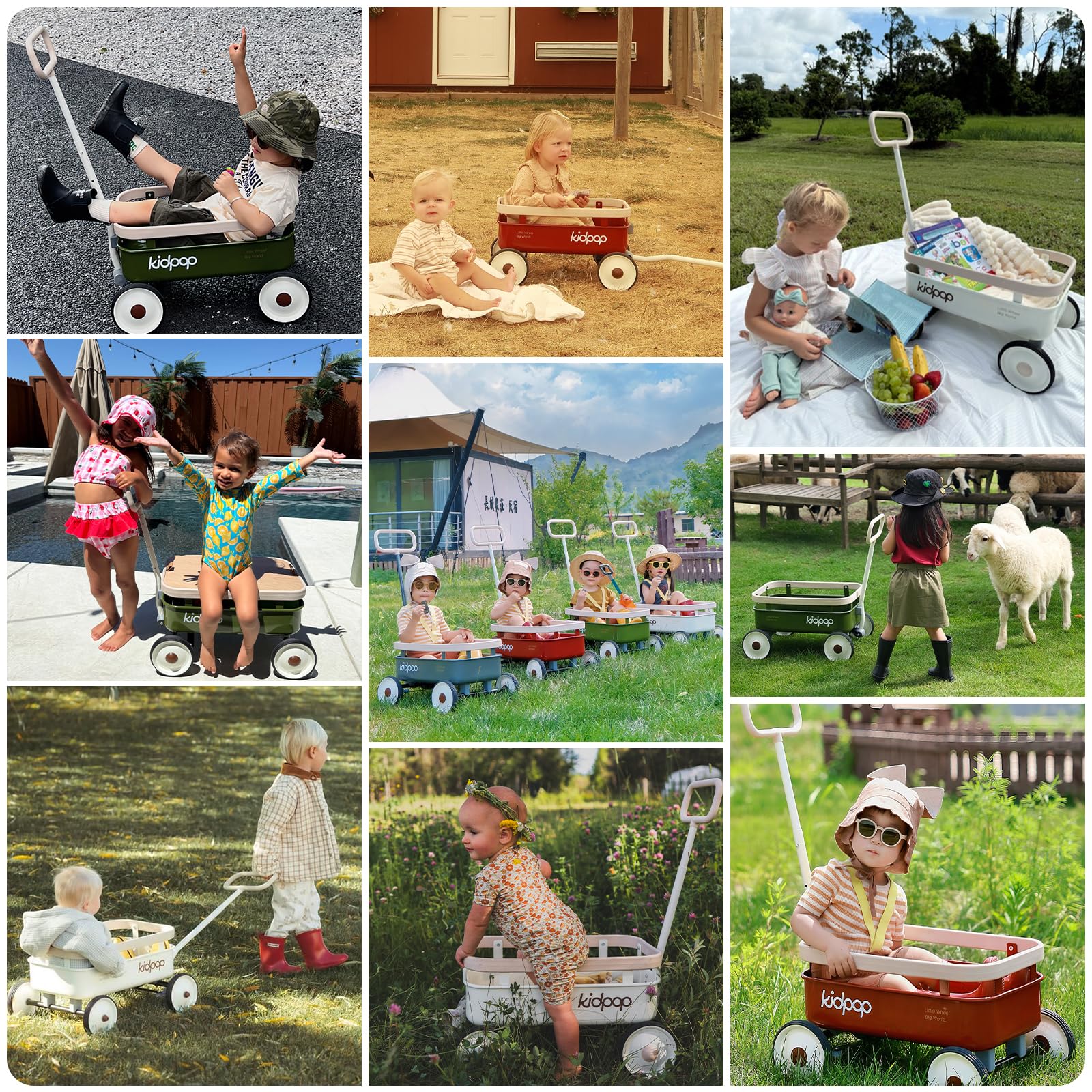 Kidpop PULA-Wild 3 in 1- Carrello a mano per bambini, 2,5-8 anni, copertura in legno rimovibile e manubrio regolabile, regalo di compleanno, peso massimo 16 kg, rosso