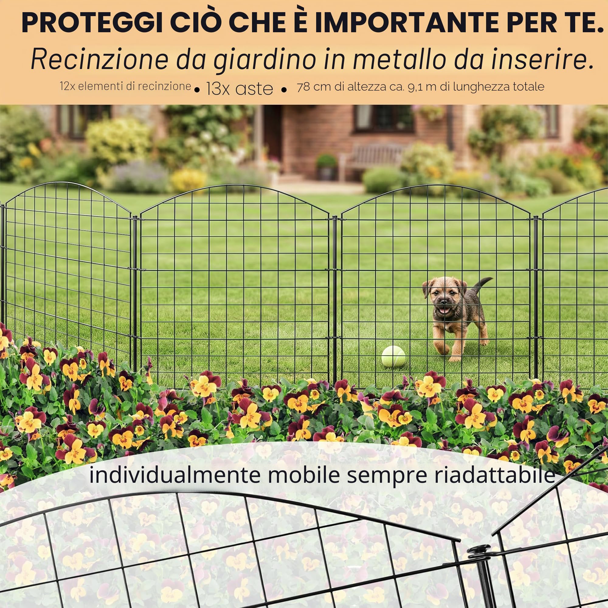 Recinzione da giardino, per laghetto, 12 elementi di recinzione, in metallo, altezza 78 cm, arco superiore, nero, V2Aox6 x 6 cm
