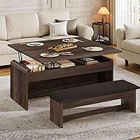 Homiflex Walnut Lift Top Coffee Table Set with Bench & Hidden Storage, 40" 4-in-1 Multi-Function Dining/Office Table for Living Room