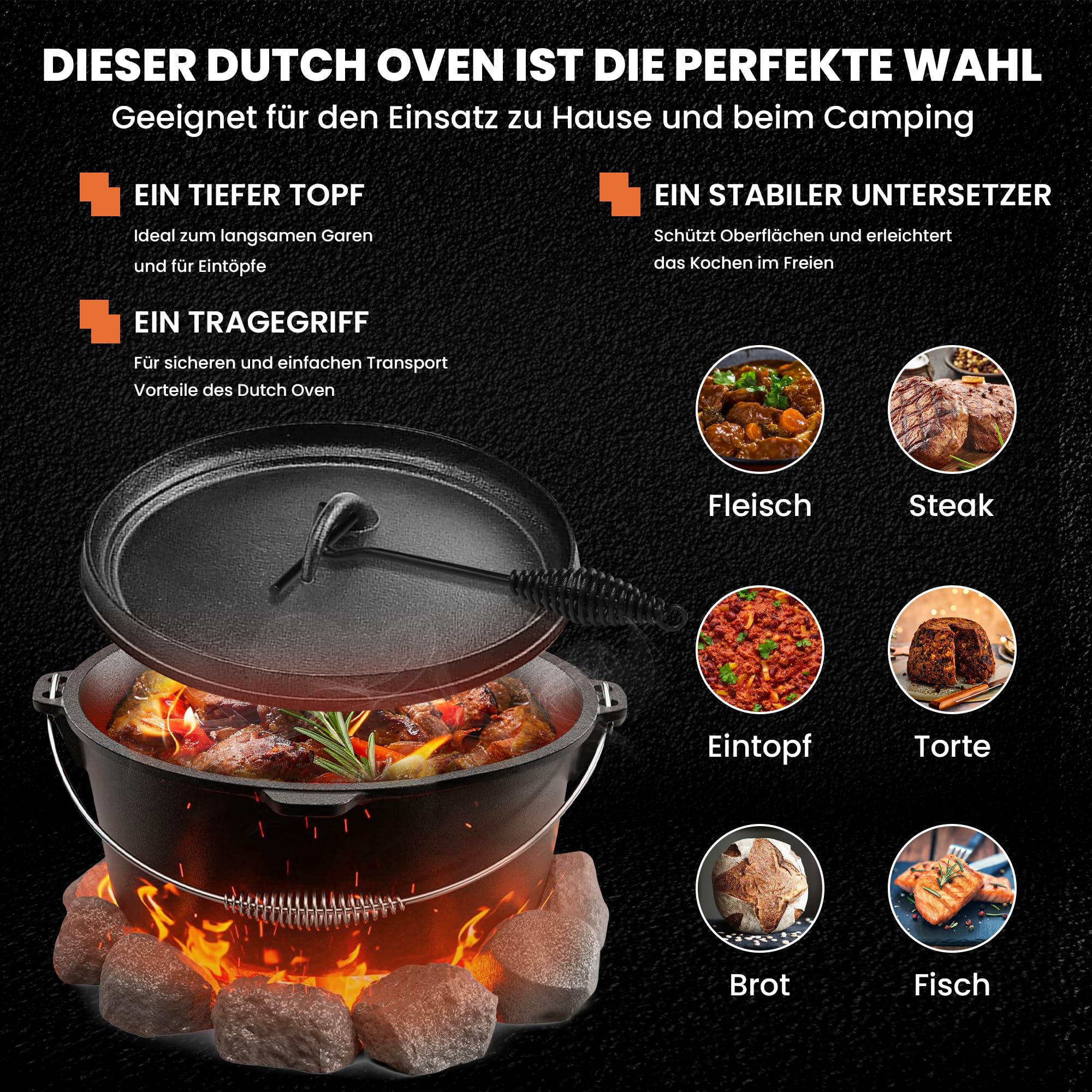 Dutch Oven Set BBQ 7,5 Liter, Feuertopf Schmortopf mit Edelstahluntersetzer, Gusseisen Topf mit Deckelheber Henkel und Schlitz für Themormeter, Grilltopf für Oudoor & Indoor,schwarz