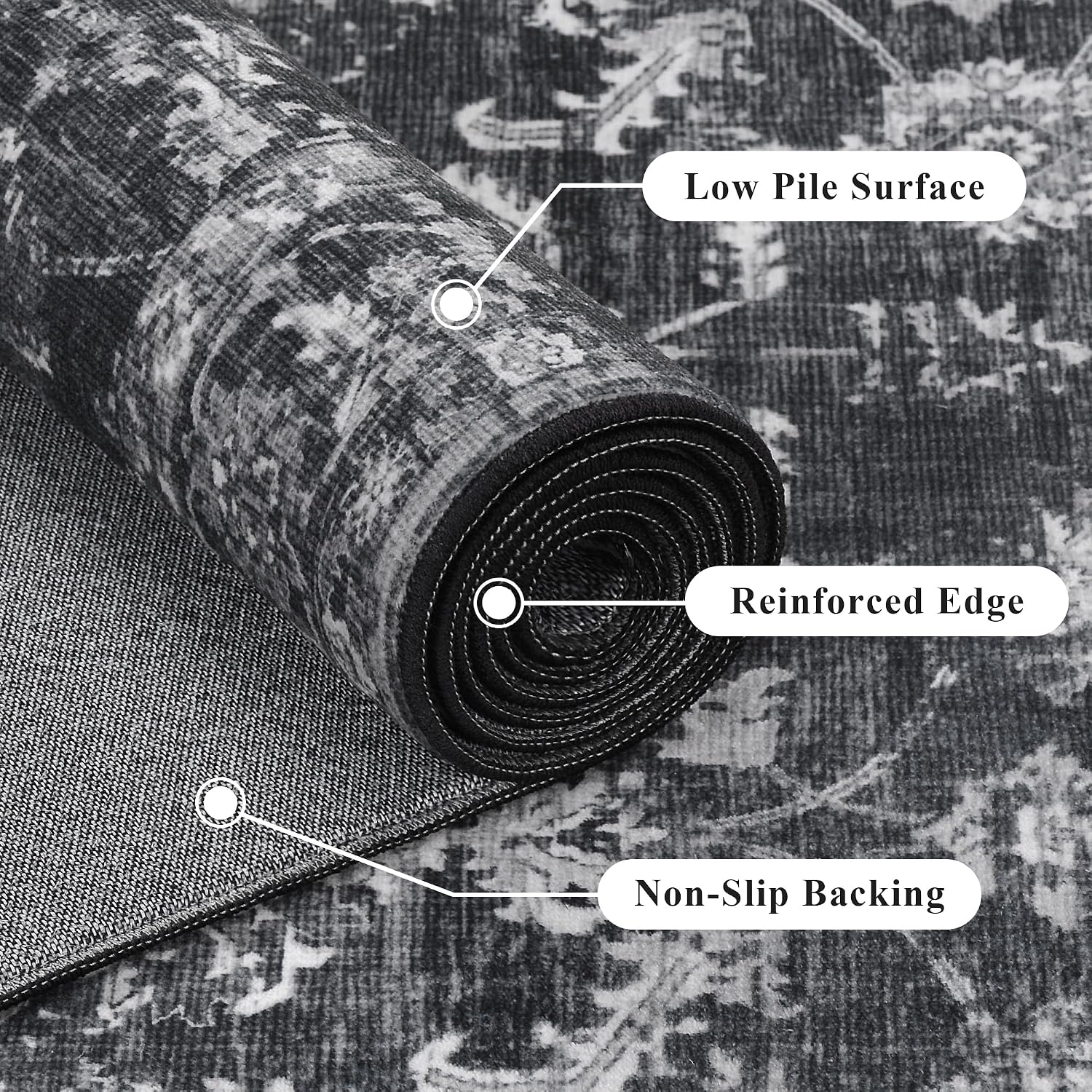 4ft Round Washable Area Rugs for Living Room, Vintage Boho Large Rug for Bedroom Dining Room Office, Distressed Floral Print Carpet for Under Table, Soft Non Slip Low Pile Throw Indoor Mat, Black