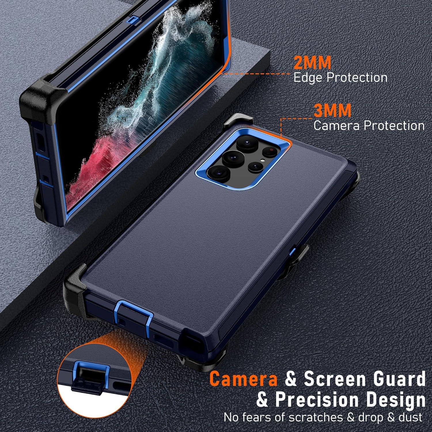 Pilaru for Samsung Galaxy S22 Ultra Case with Belt Clip Holster:16FT Military Grade Drop Protection【Case+ Belt Clip Holster】 Heavy Duty/Shockproof Rugged with Screen Protector for S22 Ultra-Navy Blue