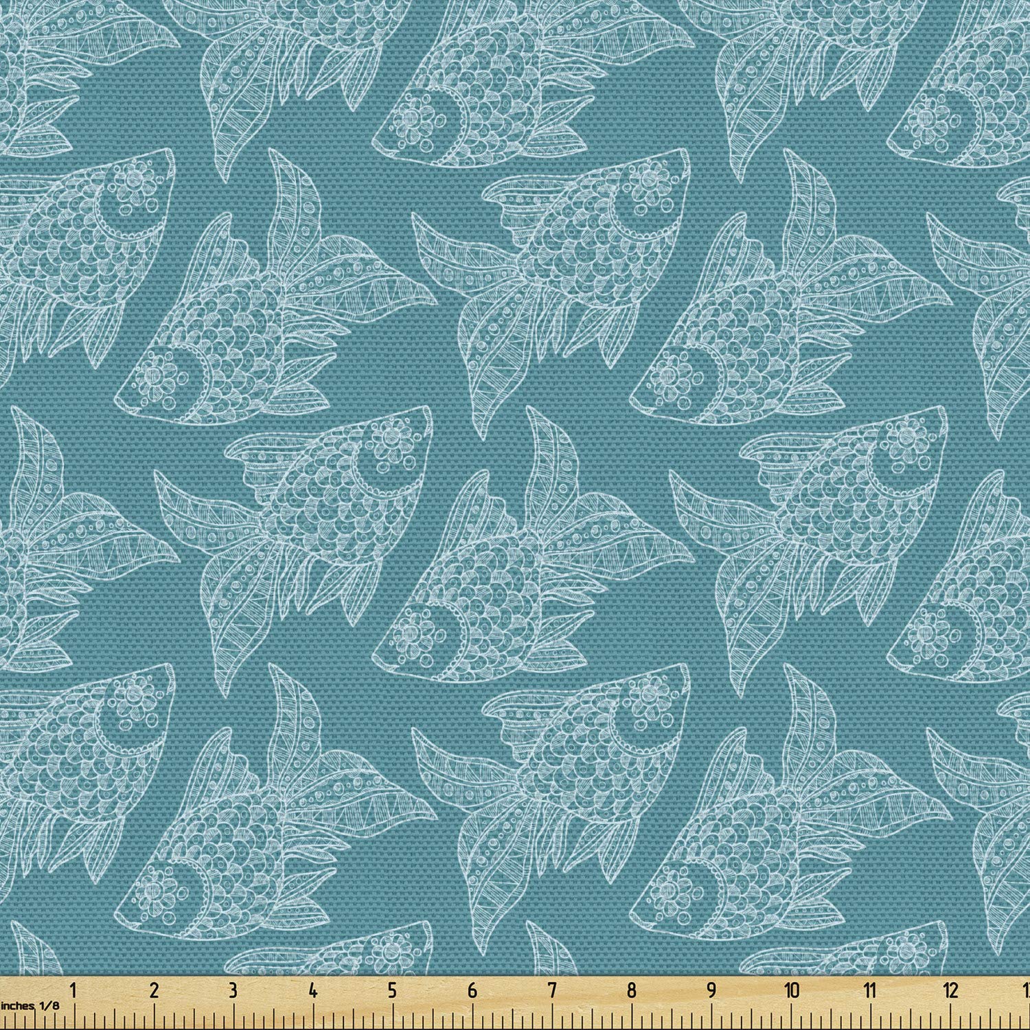 Ambesonne Nautical Fabric by The Yard, Japanese Style Ornamental Fish Silhouettes Underwater Creatures, Decorative Fabric for Upholstery and Home Accents, 2 Yards, Petrol Blue