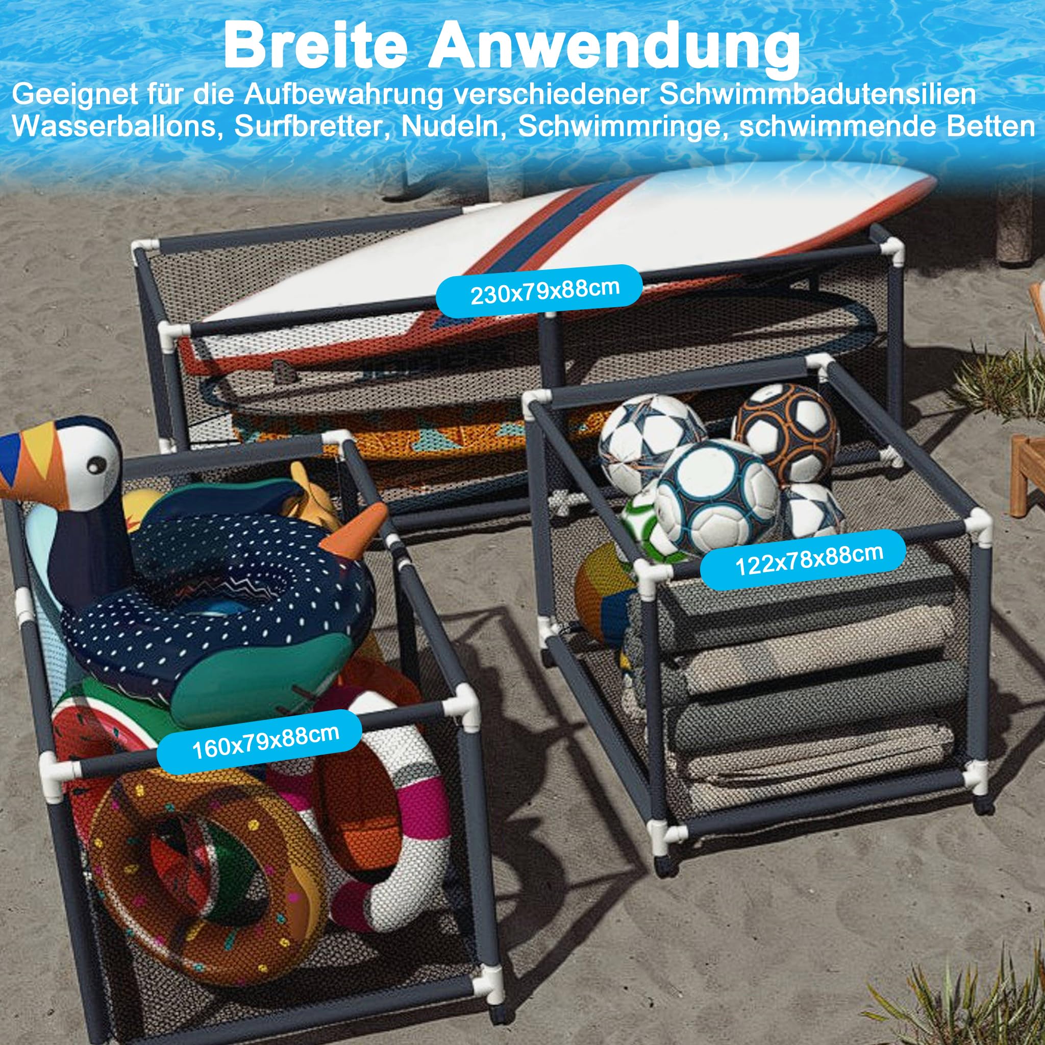 UISEBRT Pojemnik do przechowywania basenu, 122 x 78 x 88 cm, do użytku na zewnątrz, z rolkami, czarny organizer z siatki, na koła do pływania, piłki plażowe, makaron basenowy, zabawki i sprzęt