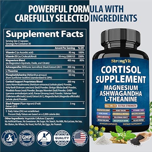 Miniatura 7 de StrongVit Suplementos de cortisol para mujeres y hombres con magnesio, ashwagandha y L-teanina. Reductor alto de cortisol, gestor, desintoxicación,