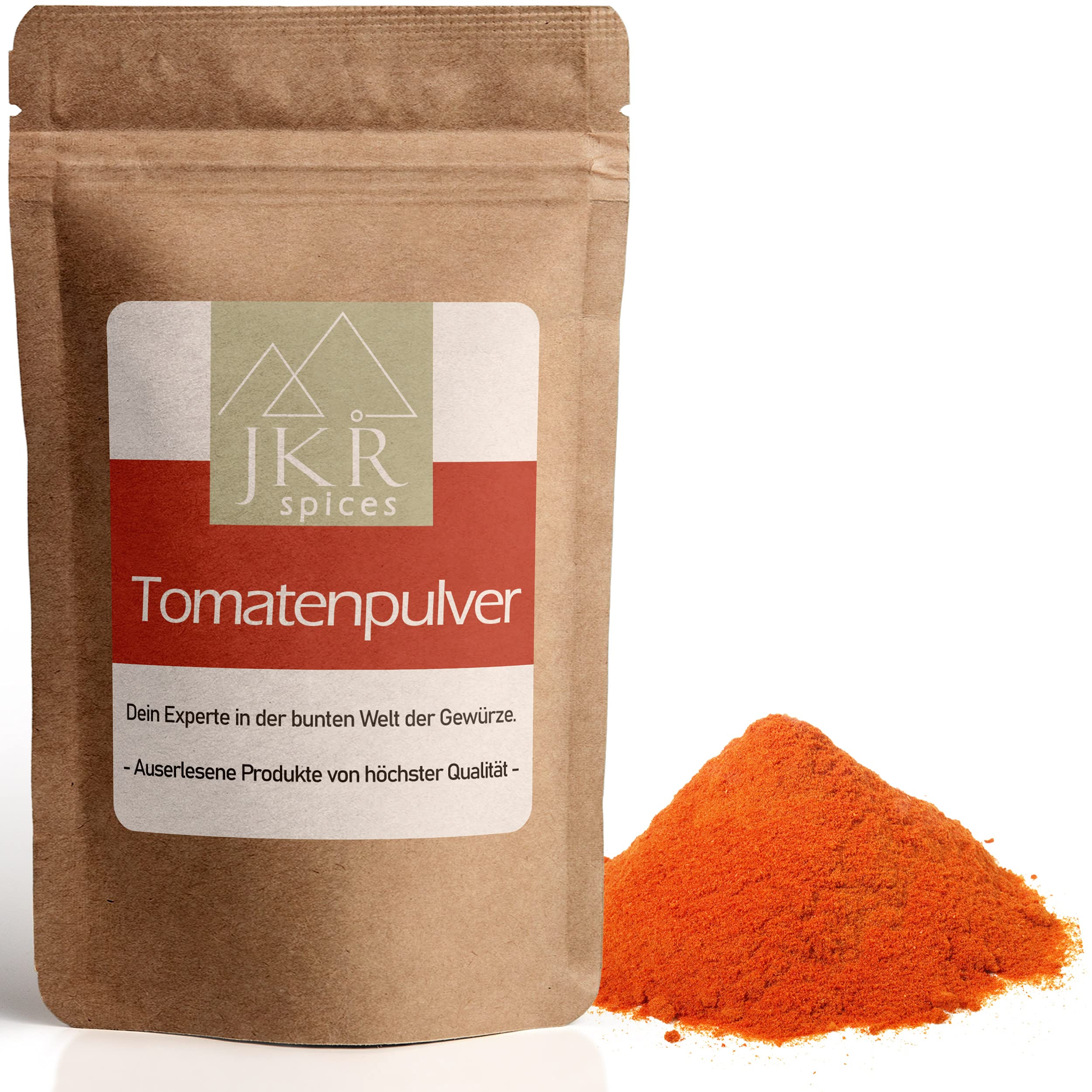 JKR Spices® 500g Tomatenpulver – feines Pulver aus sonnengereiften und getrockneten Tomaten | Zum Kochen von mediterranen Gerichten – unser Tomaten Pulver aus gemahlenen Tomaten | Naturbelassen
