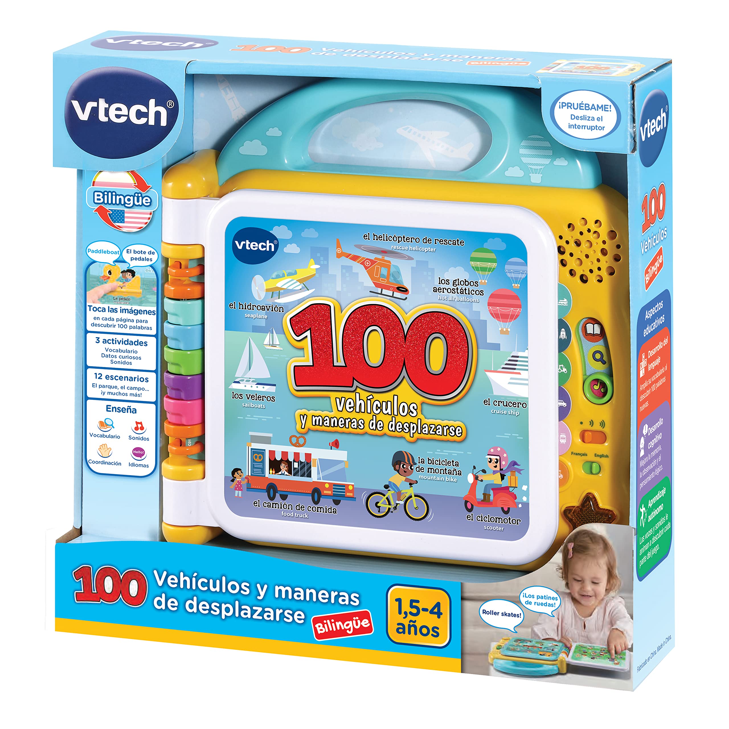 VTech - Mes 100 Premiers Mots bilingues véhicules et manières de se déplacer, Livre éducatif Espagnol-Anglais pour Enfants à partir de 1,5 Ans, Version ESP