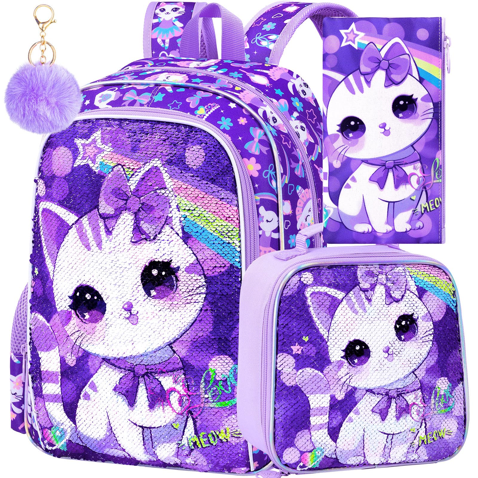 CCJPX 16" Cat Backpack for Girls, 3Pcs Kids Preschool Bookbag, Cute Water Sequin Resistant School Bag for Teen Kindergarten Toddler (Purple)