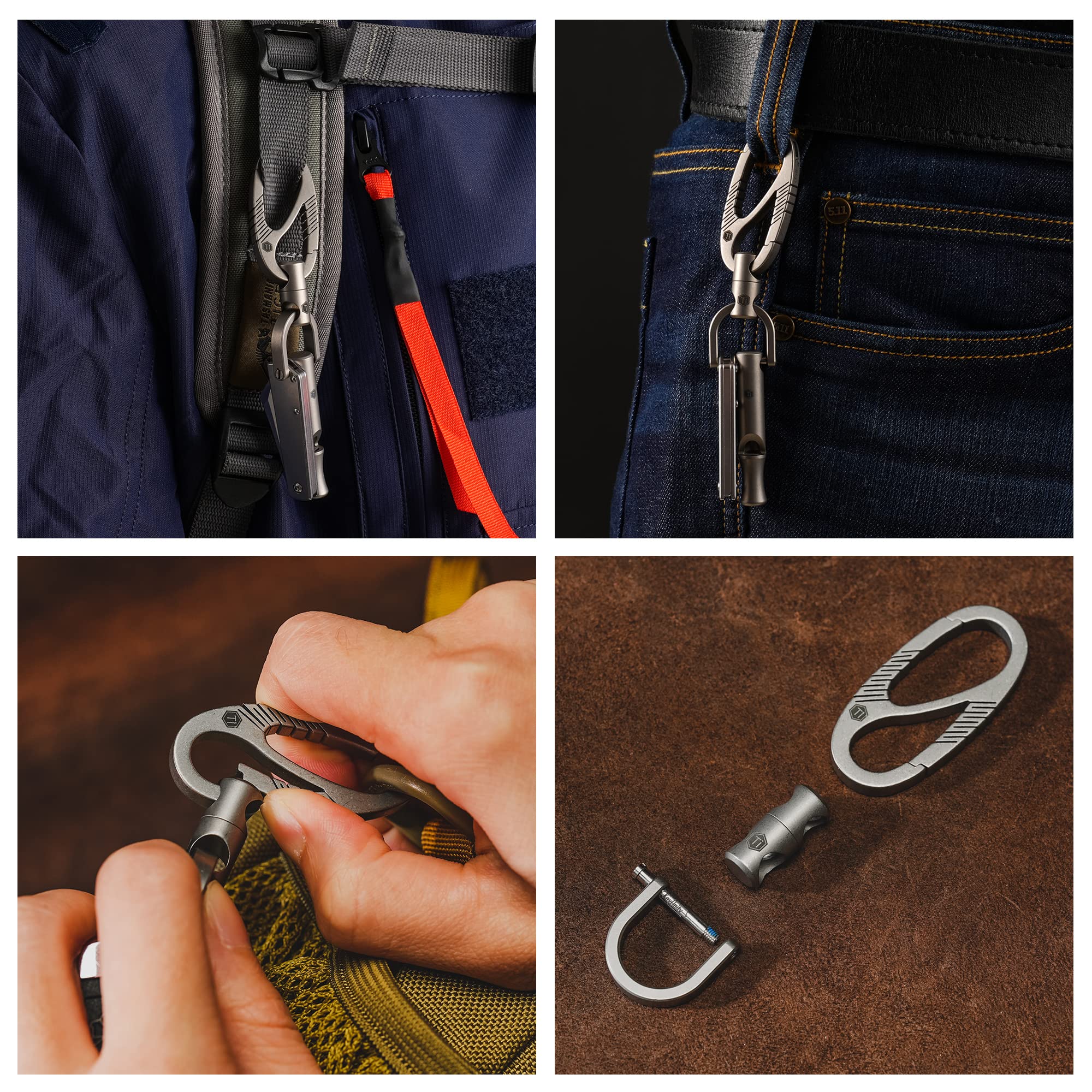 KeyUnity Clip portachiavi con moschettone in titanio, organizer per portachiavi titanio EDC a sgancio rapido a doppio cancello per uomini e donne