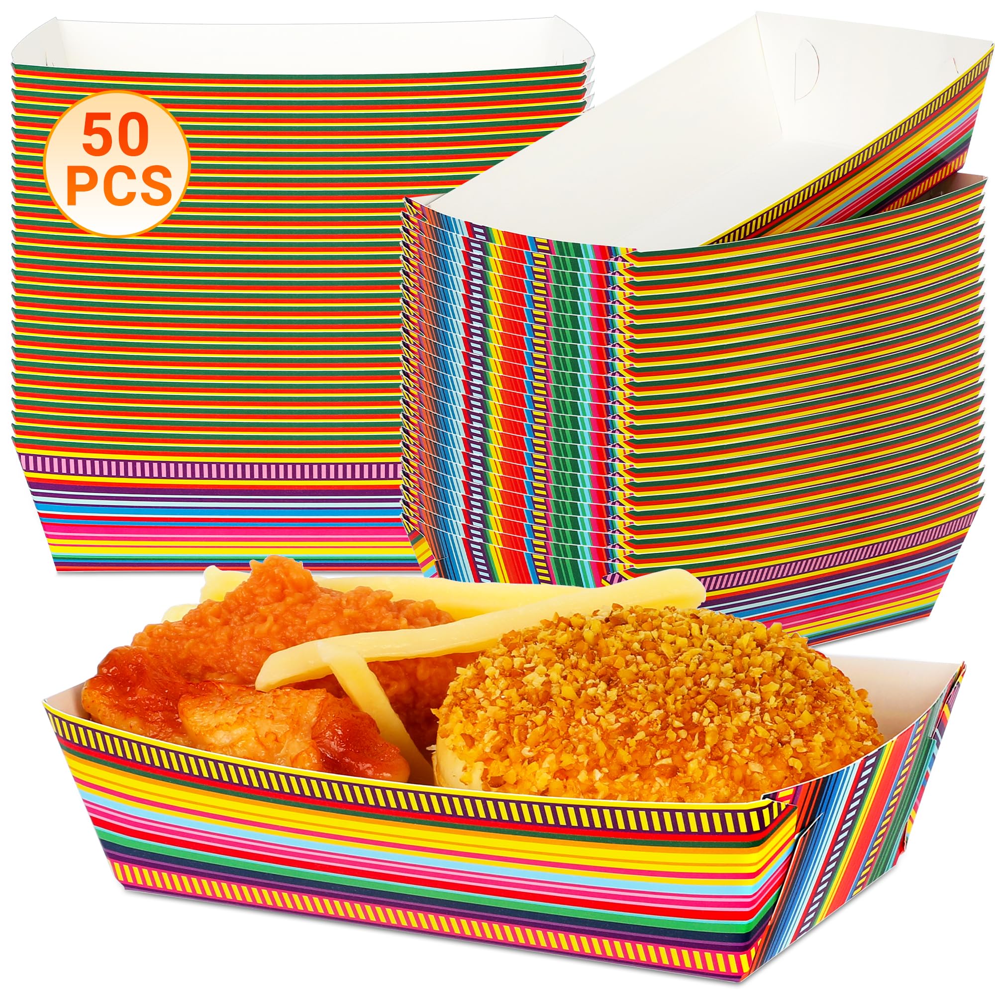 50 PCS Cinco De Mayo Decorations, Large Capacity Fiesta Plates, Serape Pattern Cinco De Mayo Paper Trays Mexican Food Trays Fiesta Hot Dog Trays, Disposable Mexican Theme Party Decorations