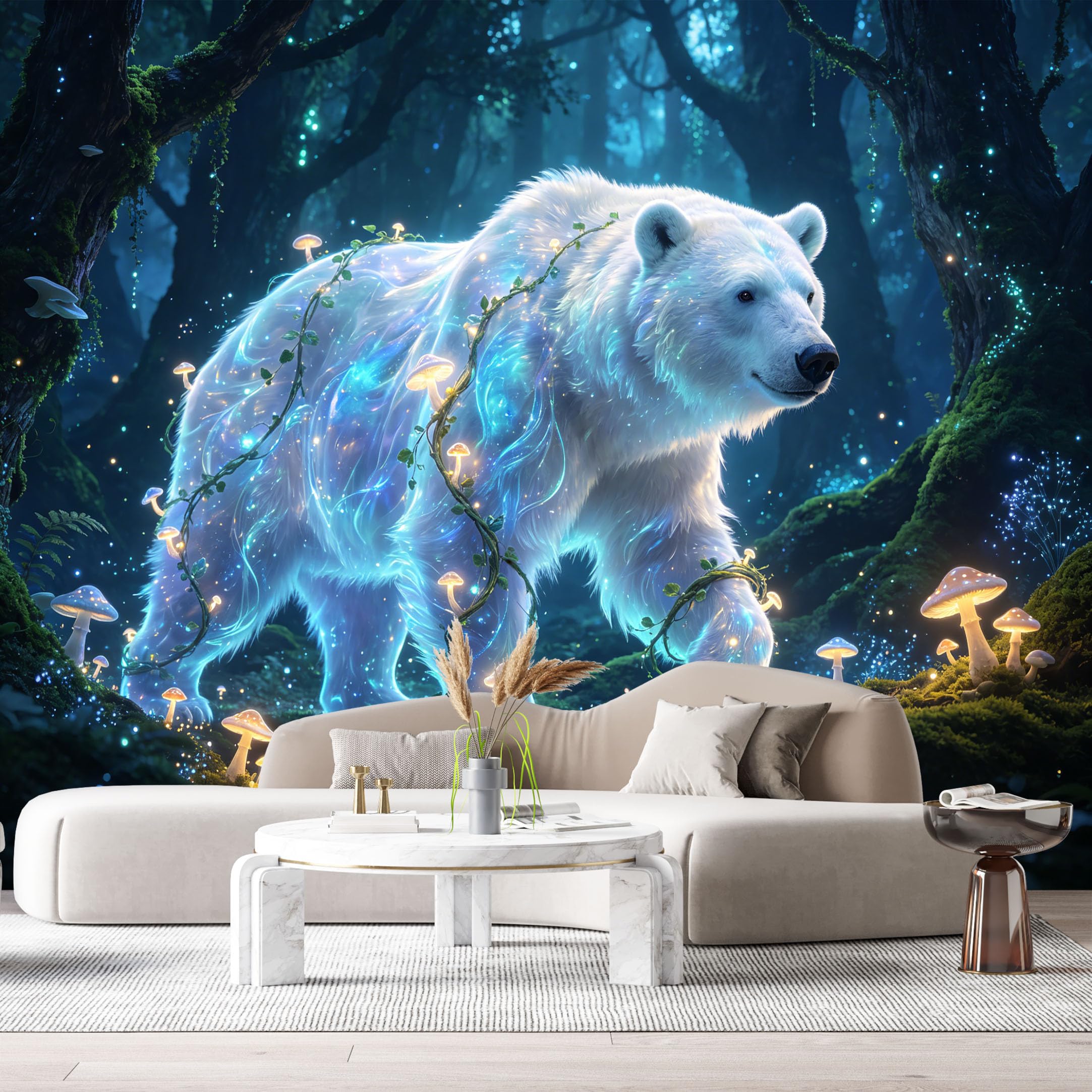 Custom Size Wall Murals Fantasy Forest Wildlife Bear Bioluminescent Mushrooms Watercolor SelfAdhesive Wall Fabric Removable Large Wallpaper for Photo Living Room