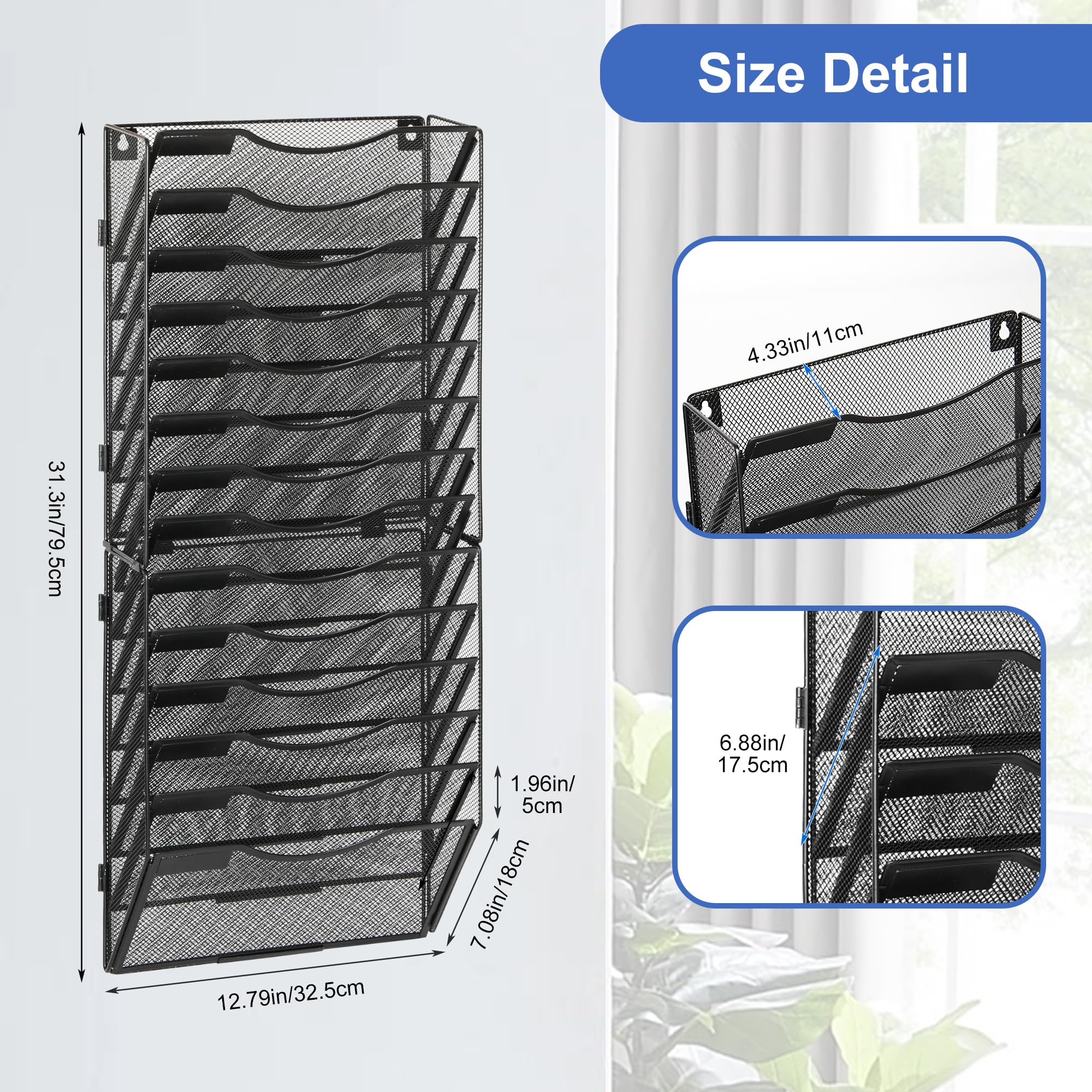 EasyPAG Organizer da parete con 14 tasche, nero | Porta documenti da parete in rete metallica | Organizer per posta da appendere | Etichette sostituibili | Ufficio casa formato lettera archiviazione