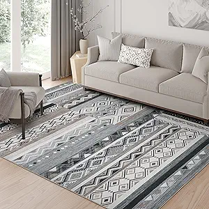 GarveeHome Vintage Geometric Patchwork Grey Rug for Living Room 6x9 Machine Washable Area Rug, Non-Slip Low-Pile Indoor Tribal Accent Carpet, Indoor Foldable Floor Cover for Bedroom Office