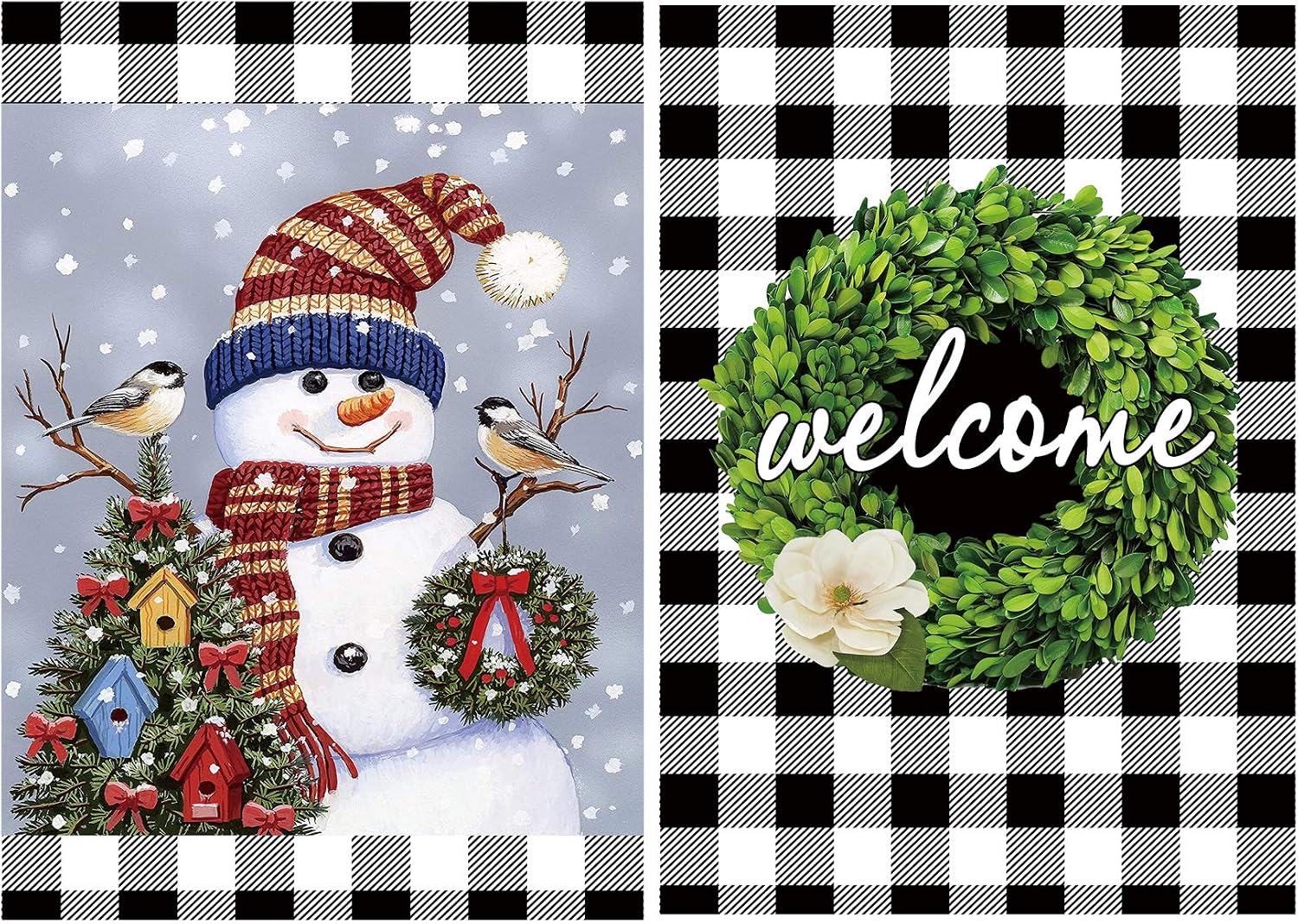 CandyHome Christmas Garden Flags 12.5 x 18, Double Sided Snowman Garden Flag and Welcome Garden Flag, Decorative Fall Winter Buffalo Check Plaid Rustic Farmhouse Flag Yard House Outdoor Decor (2 Pack)