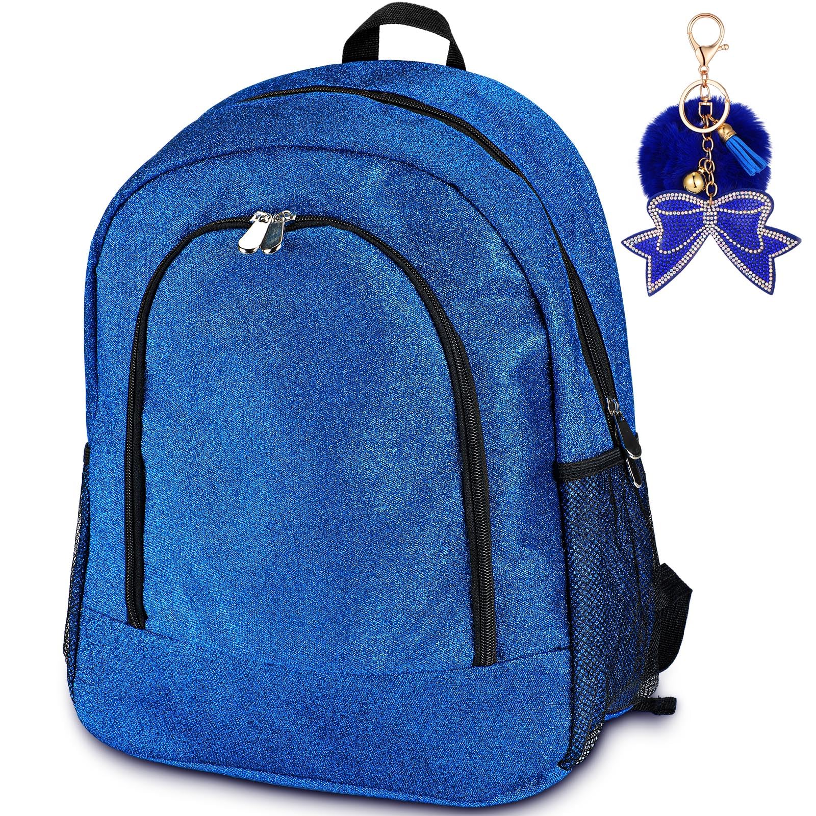 Noveread Cheer Backpack with Bow Keychain Cheerleading Glitter/Canvas Backpack Cheerleaders Gift Cheer Bags for Sport(Glitter,Blue,Large)