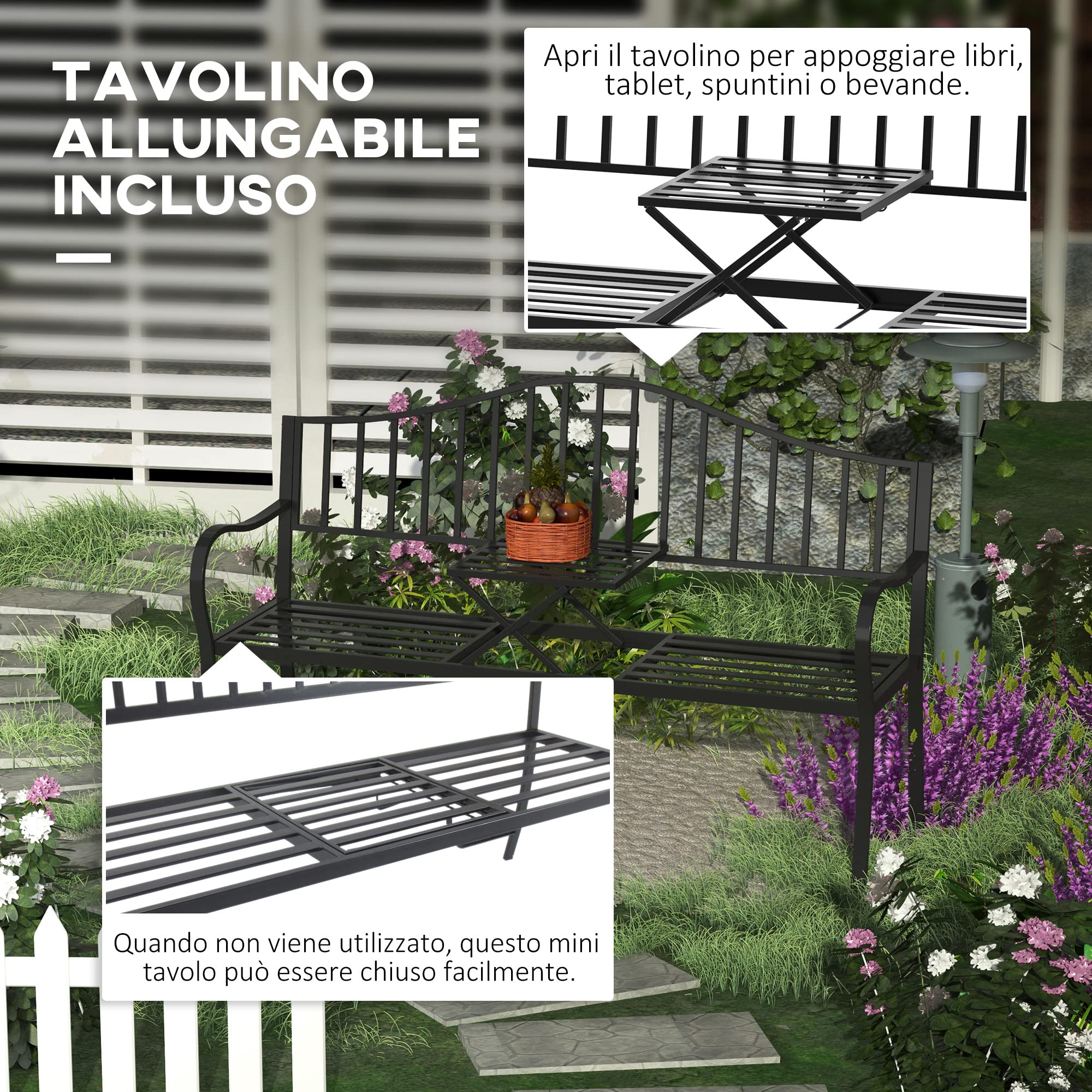 Outsunny Panchina da Esterno a 2 Posti, Panchina da Giardino con Tavolino Estensibile in Metallo 150 x 53 x 95 cm Nero