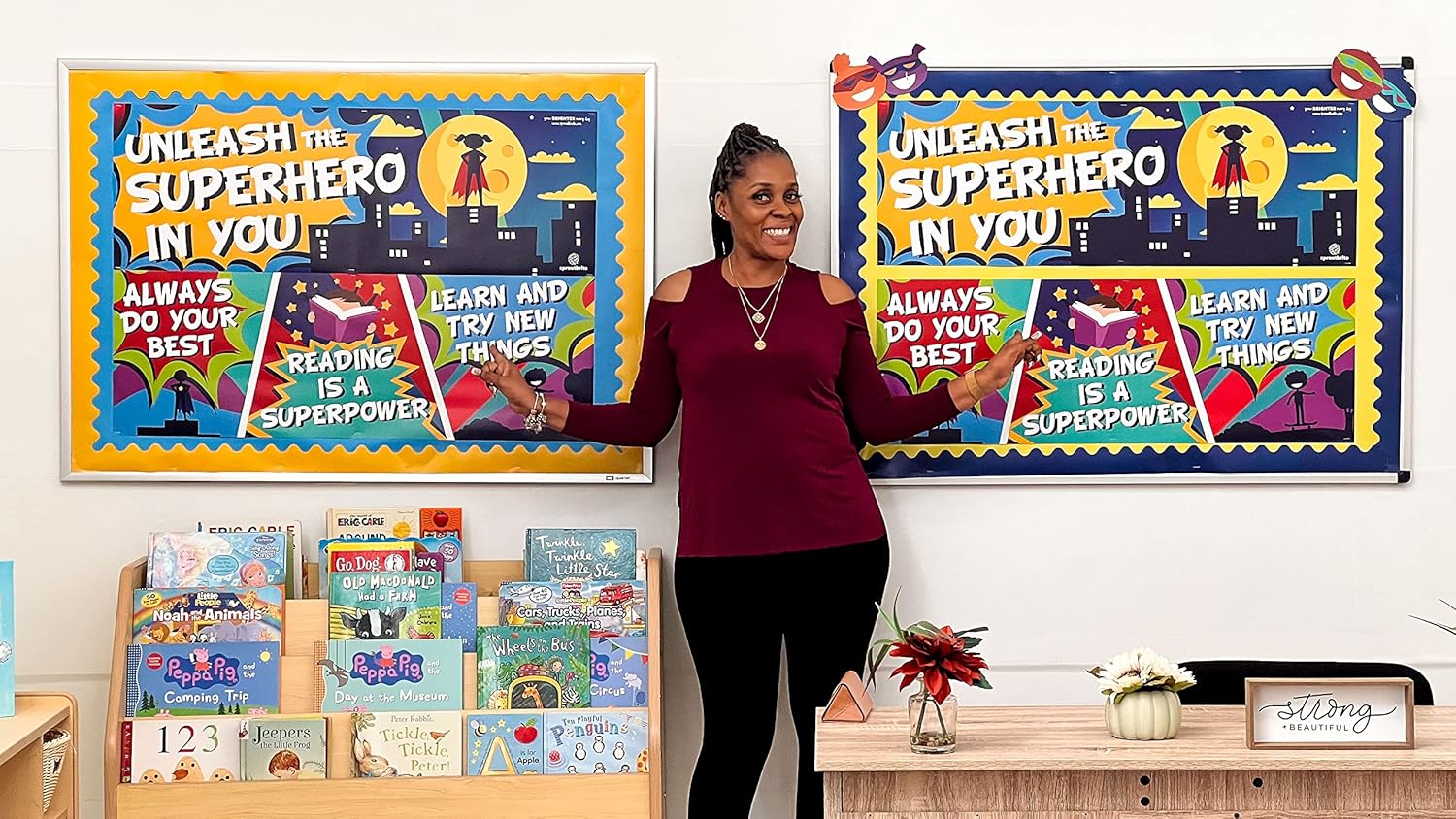 Sproutbrite 2 Large Motivational Posters Superhero Classroom Decorations - 13.5x39 Posters and Banners for Teachers - Bulletin Board and Wall Decor for Pre School, Elementary and Middle School - Inspires Students through Superhero Themes