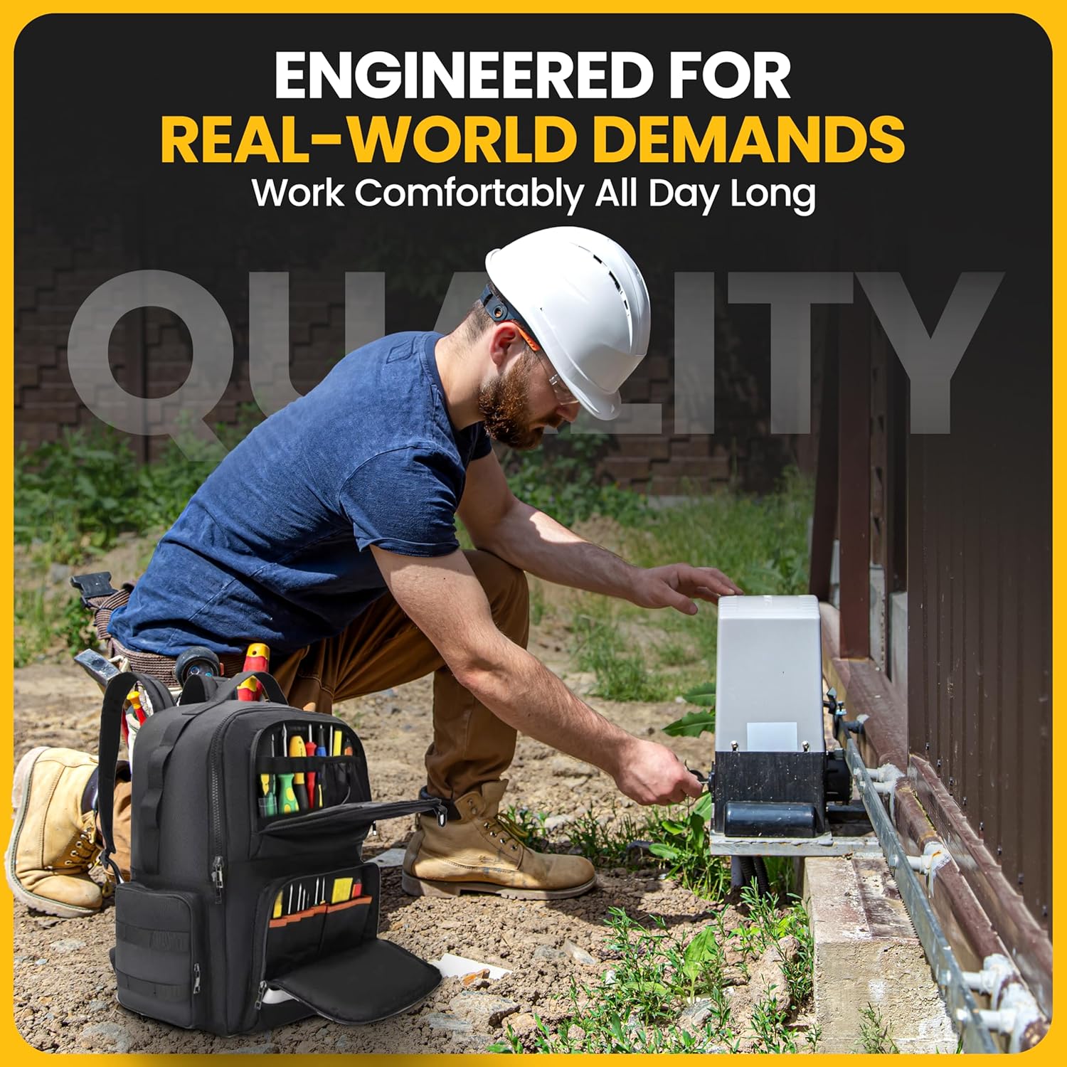 Tool Backpack Heavy Duty With 3 Storage Pouches, Tactical Tool Organizer Bag with Padded Shoulder & Waist Support For HVAC Technician, Electrician, Handyman & Repairman - Black