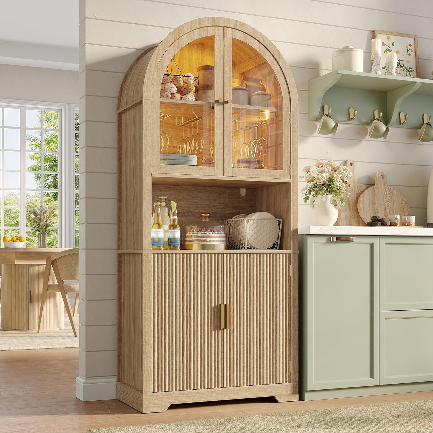 Maupvit 70" Arched Wine Bar Cabinet with LED Lights, Stemware Rack & Glass Doors - Kitchen Liquor Pantry Storage