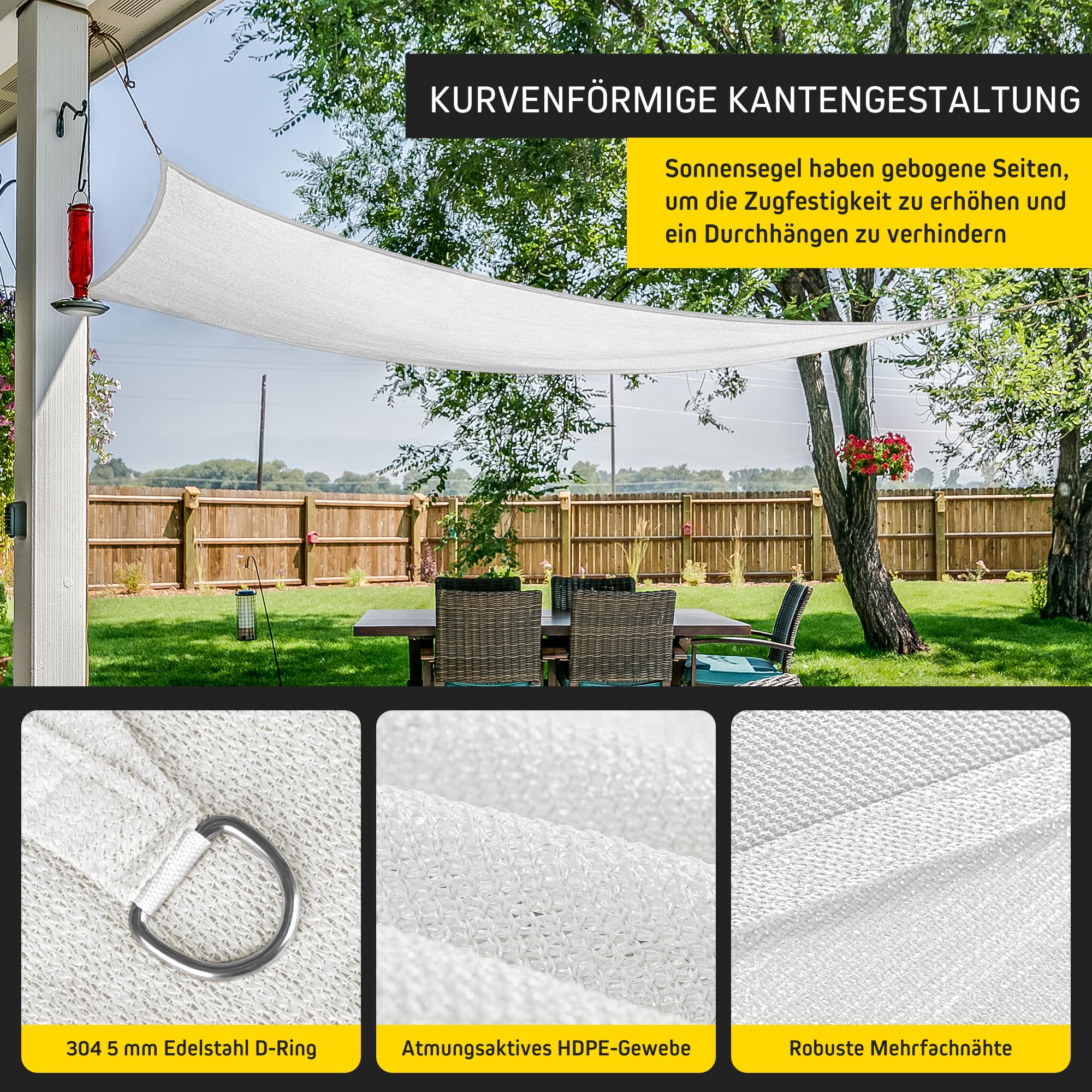 jarolift Sonnensegel Rechtwinklig Atmungsaktiv Sonnenschutz Sichtschutz für Balkon Terrasse Garten HDPE-Gewebe, 700 x 500 x 500 cm, Cremeweiß Sport & Freizeit