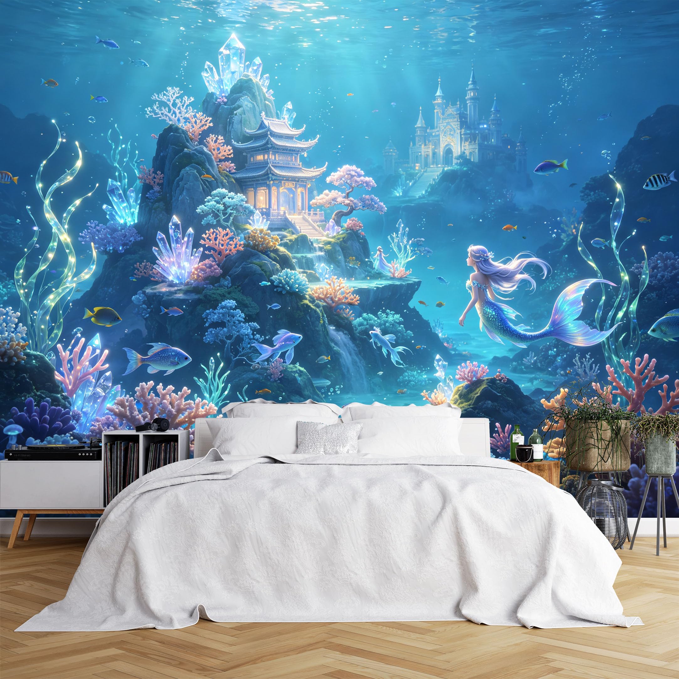 Custom Size Wall Murals Underwater Mermaid with Coral Castle and Fish Wall Murals Fantasy Landscape Wallpaper, 3D Self-Adhesive Removable Wallpaper for Kids Room Bedroom