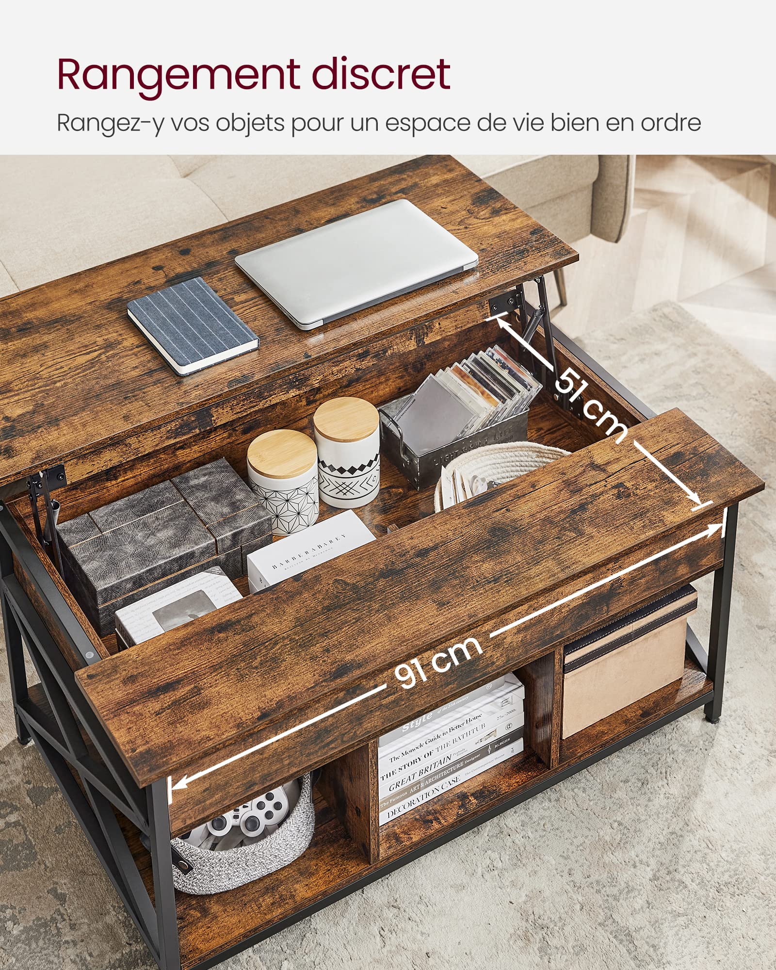 VASAGLE Table Basse, Table de Salon avec Plateau Relevable, avec Rangement Ouvert et Compartiment Caché, Barres en Forme de X, 60 x 100 x (48-62) cm, Marron Rustique et Noir LCT205B01