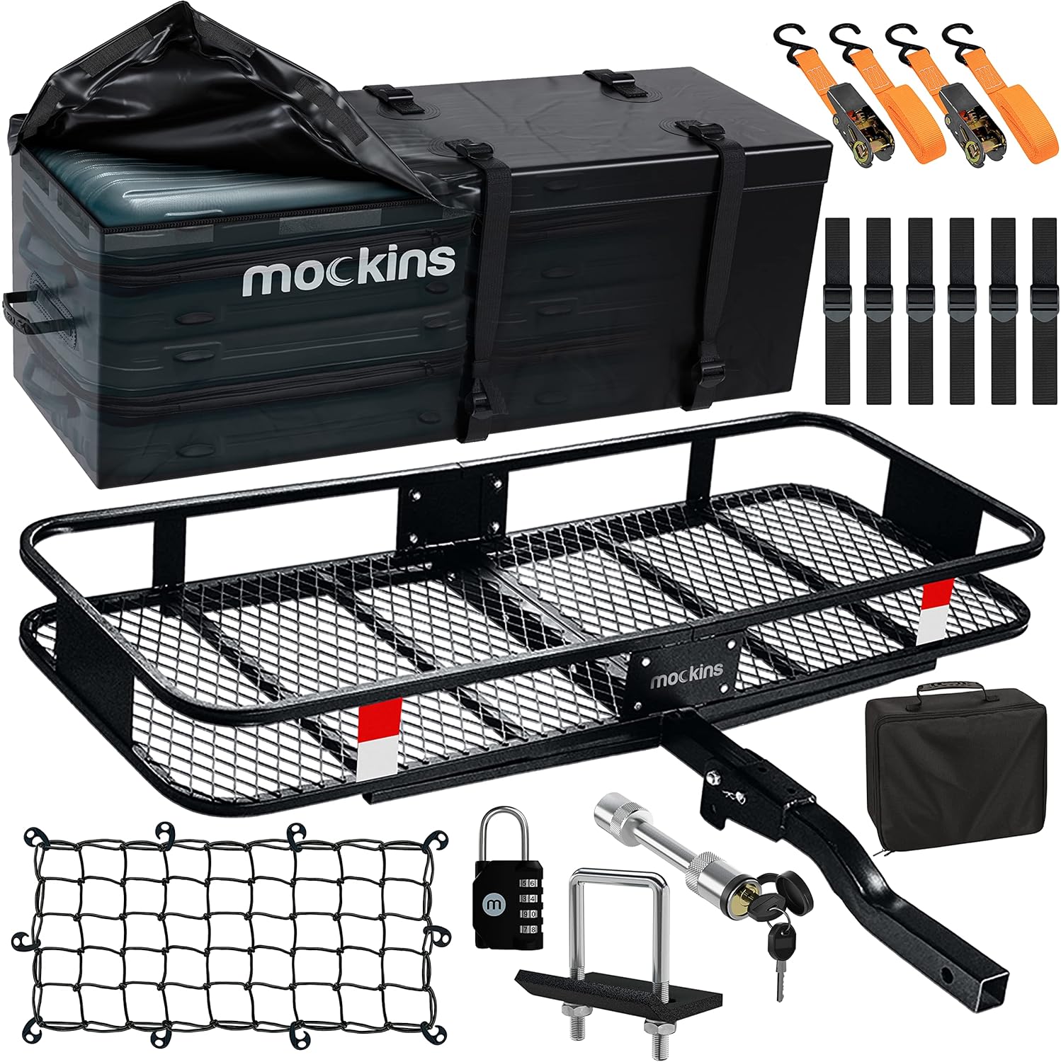 Mockins 60x20x6 Folding Cargo Carrier Hitch Mount Steel Rack 500lb Cap & 16 Cu Ft Waterproof Cargo Bag | Tow Hitch Cargo Basket w/Cargo Net, Hitch Tightener & Accessories |2" Receiver Cargo Trailer Black