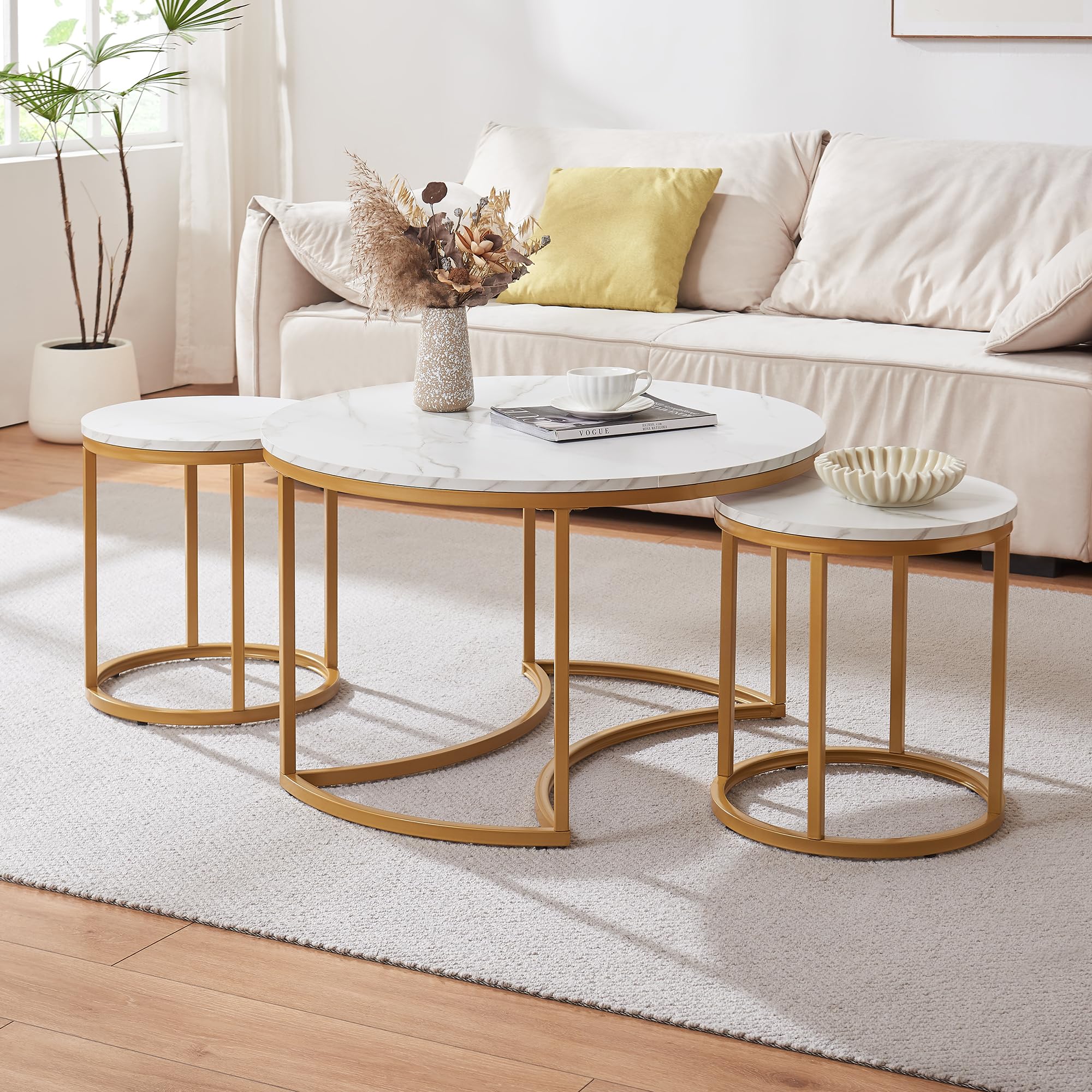 [en.casa] Set di 3 Tavolini Sovrapponbili Tavoli Bassi da Salotto con Piano Rotondo Tavolini da Caffè in Misure Diverse Base Circolare e Semicircolare in Metallo - Effetto Marmo Bianco/Oro