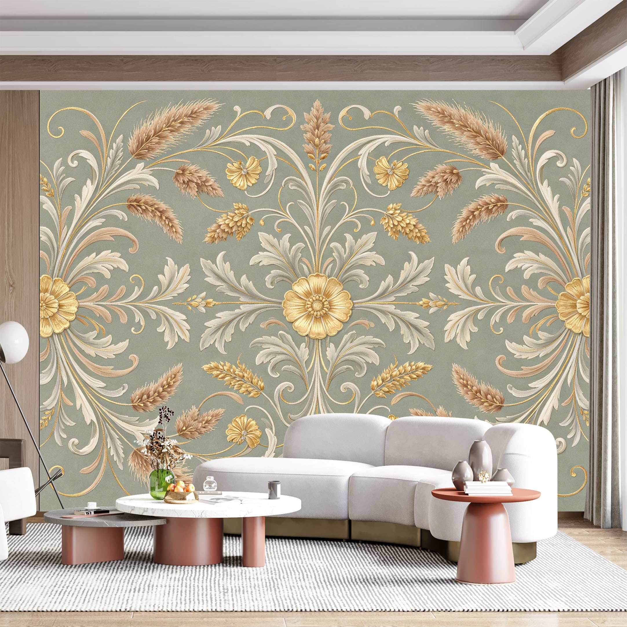 Custom Size Wall Mural Botanical Floral Wheat Elegant Scrollwork Textured Gold Leaf SelfAdhesive Wall Fabric Removable for Home Office Decor