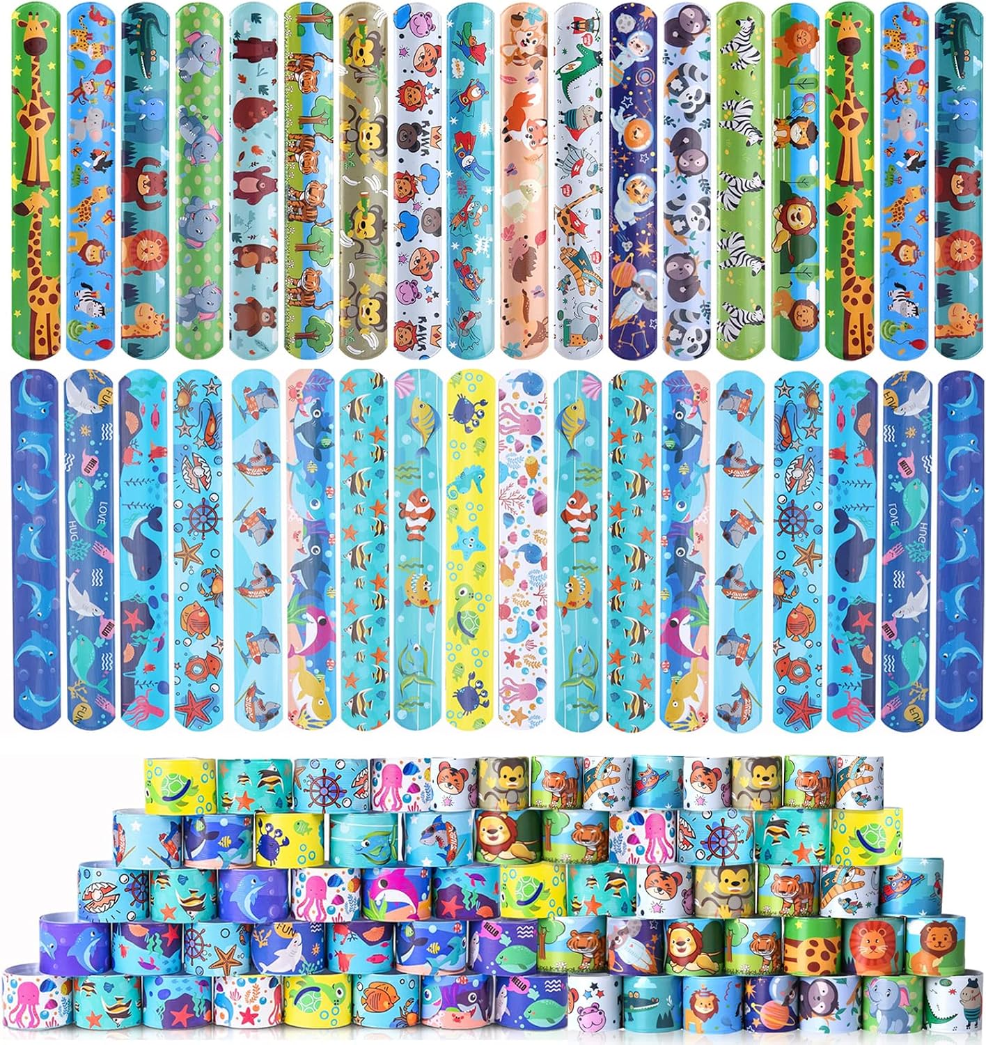 Acuiwer Slap Bracelet 50 PCS Ocean Animals Slap Wrist Bands Bulk for Kids Party Bag Fillers Party Supplies Flavors Gift for Girls Boys Birthday Christmas (Ocean-Animals-50Pcs)