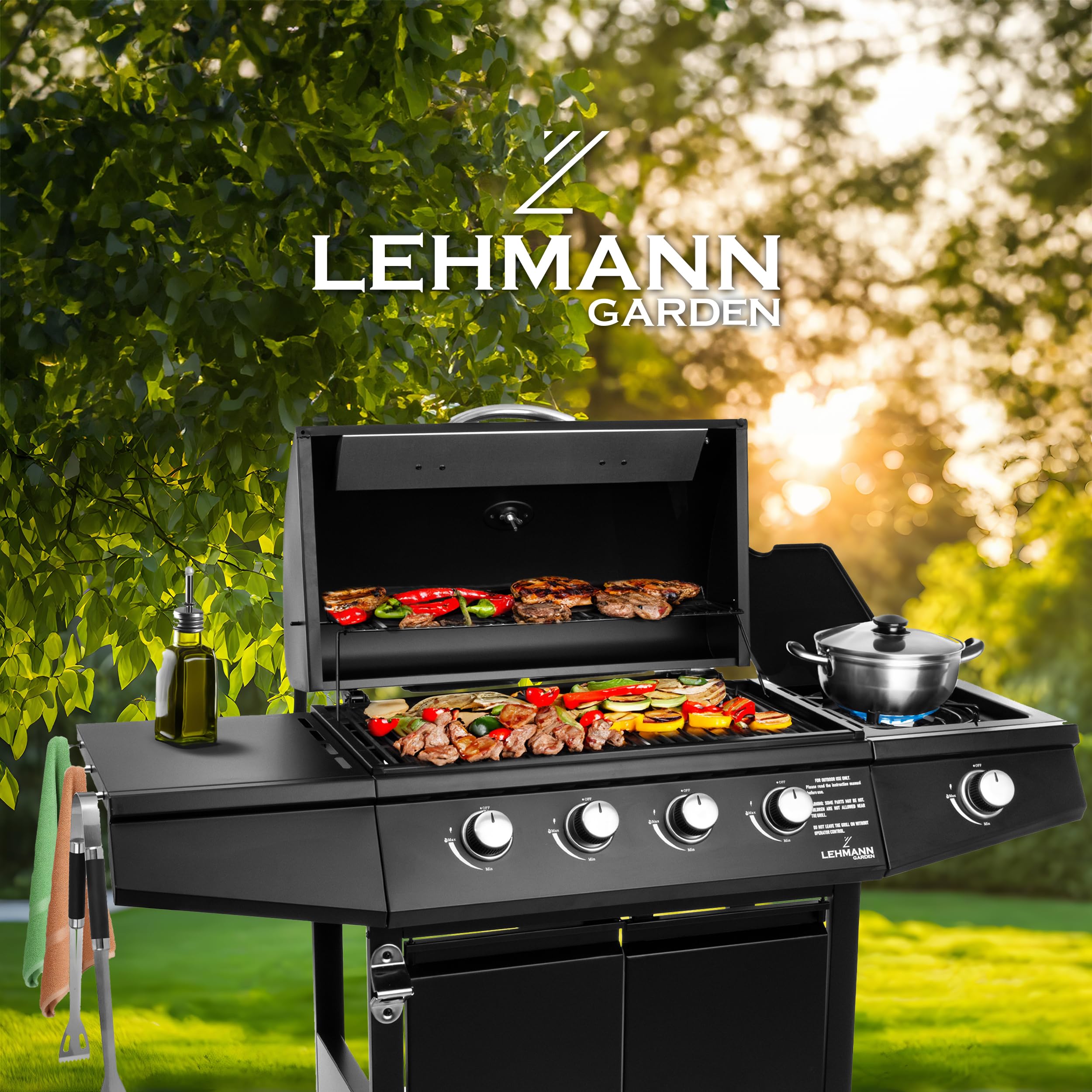 Lehmann Grill gazowy Ohio Black, na kółkach, stal nierdzewna, czarny, 4 Palniki + Palnik Boczny, 9,3 kW, Żeliwny Ruszt 33 x 66 cm, z Termometrem i Szafką, Pokrowiec, reduktor i wąż
