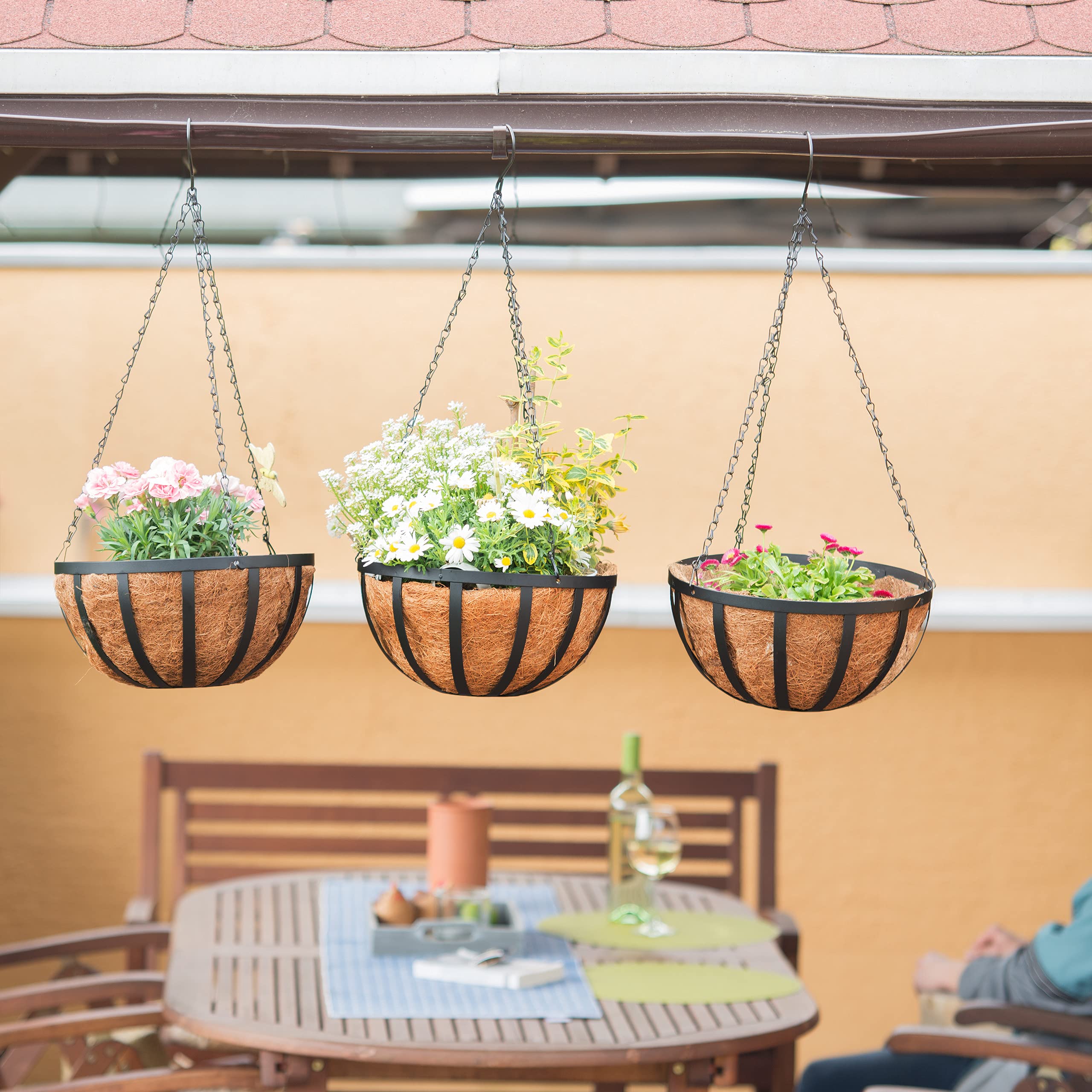 Relaxdays Pot de fleurs suspendu panier plantes coco lot de 3 30 cm diamètre 21 L avec chaîne, marron